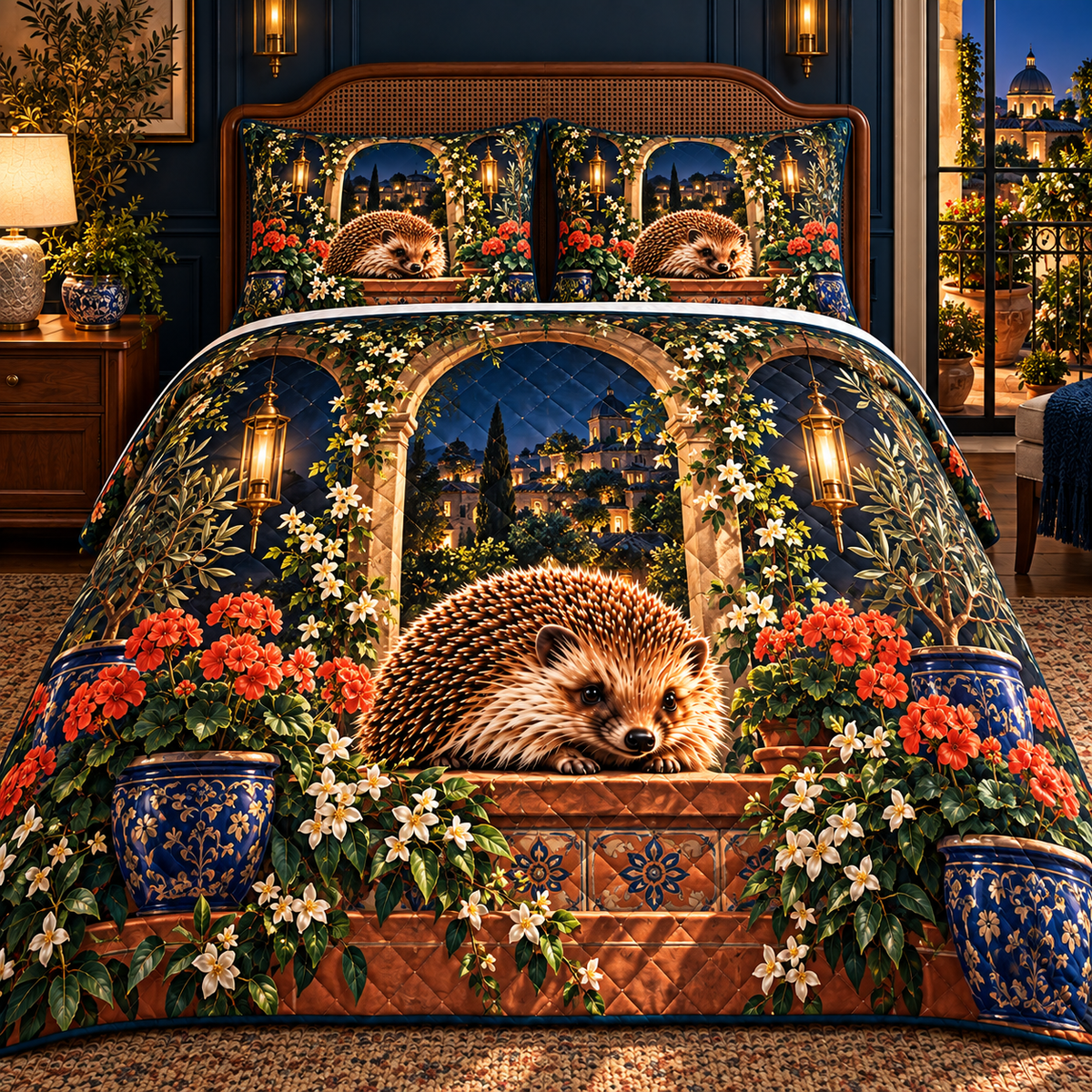 Hedgegrove Terrace Gallery Quilted Bedding Set with printed optical 3D artwork in its use setting