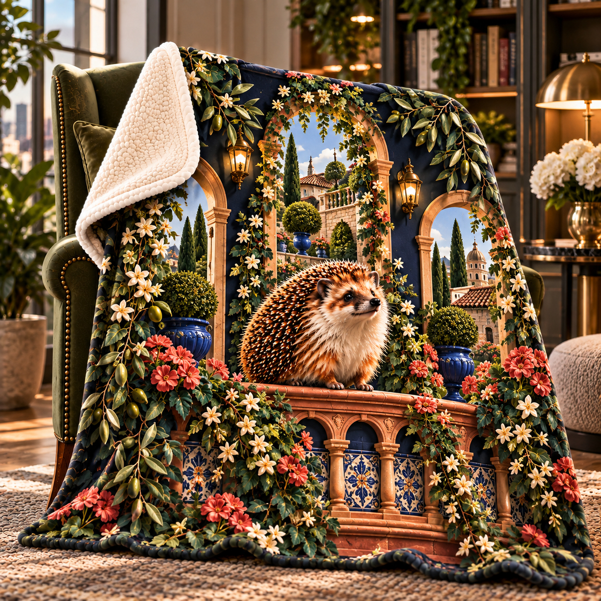 Hedgegrove Terrace Gallery Sherpa & Fleece Blanket with printed optical 3D artwork in its use setting