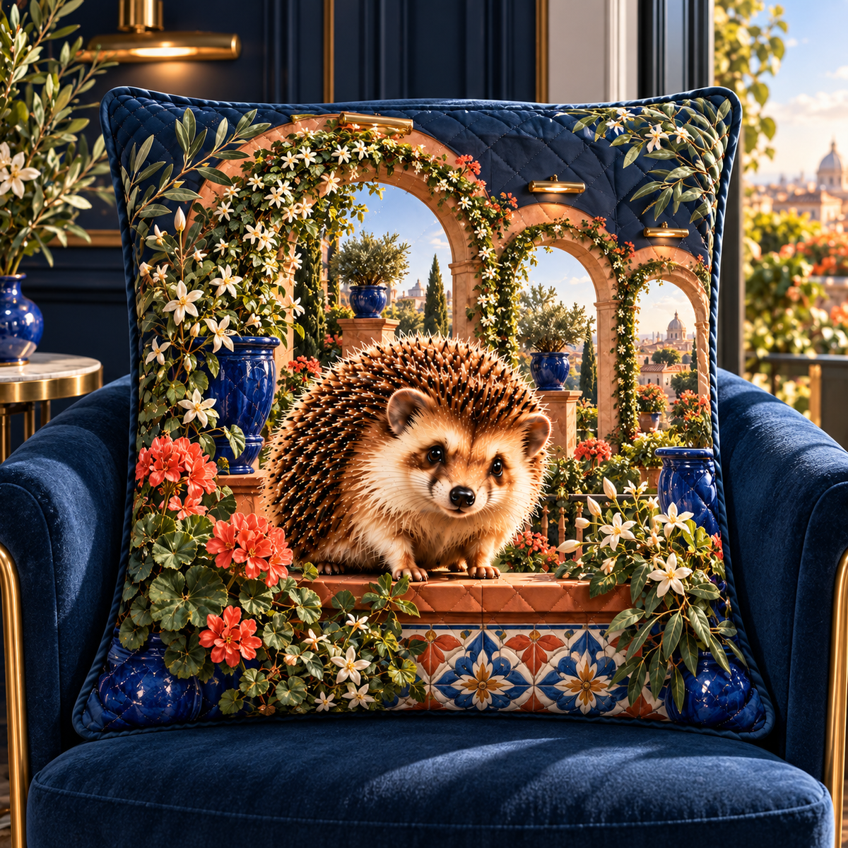 Hedgegrove Terrace Gallery Quilted Cushion Cover with printed optical 3D artwork in its use setting