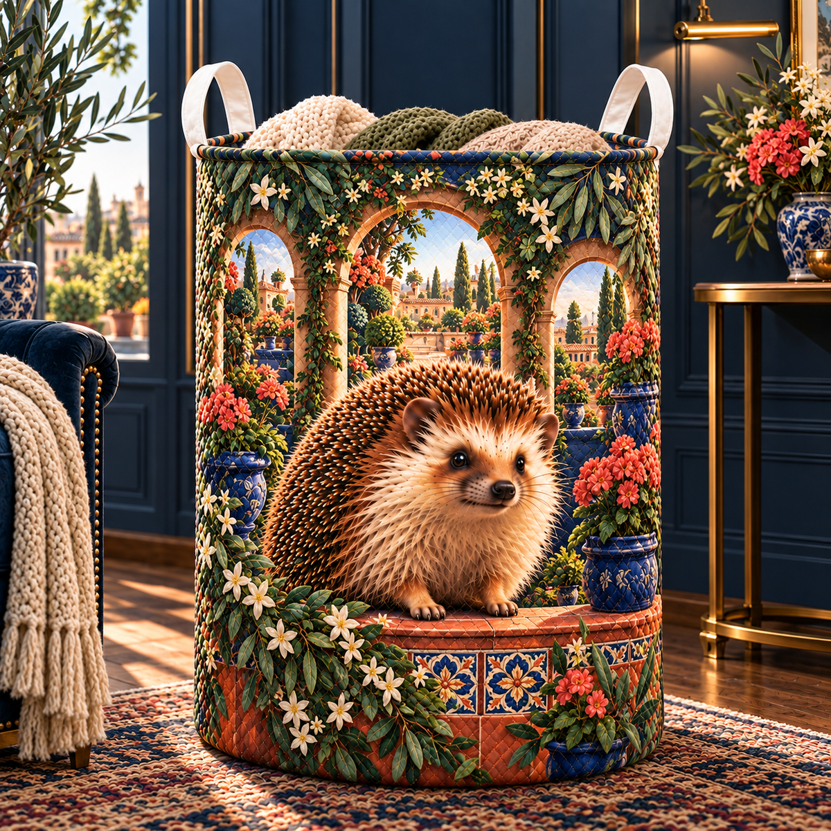Hedgegrove Terrace Gallery Laundry Hamper with printed optical 3D artwork in its use setting
