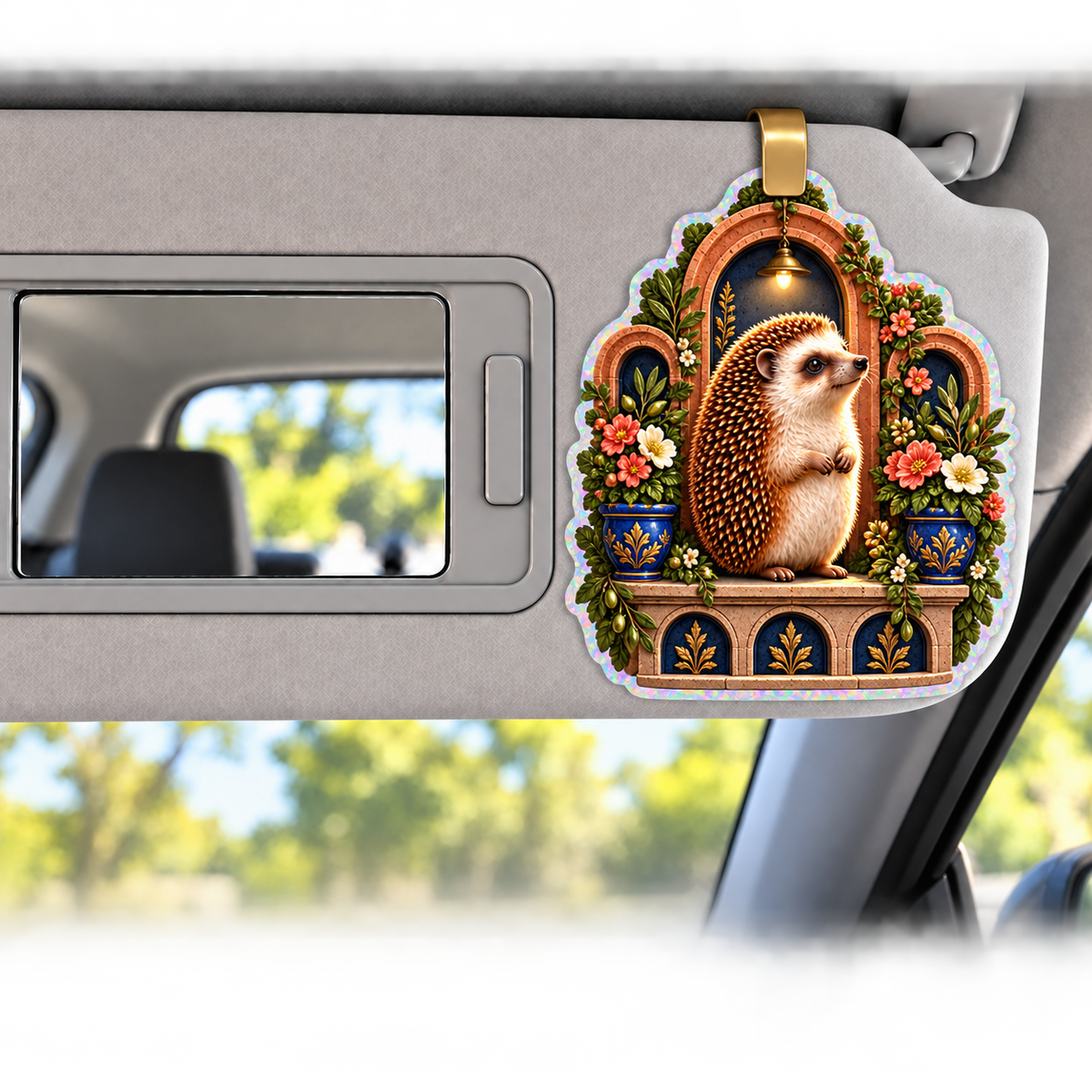Hedgegrove Terrace Gallery Holographic Car Visor Clip with printed optical 3D artwork in its use setting