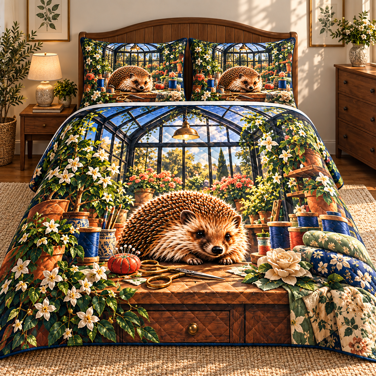 Hedgegrove Maker Conservatory Quilted Bedding Set with printed optical 3D artwork in its use setting