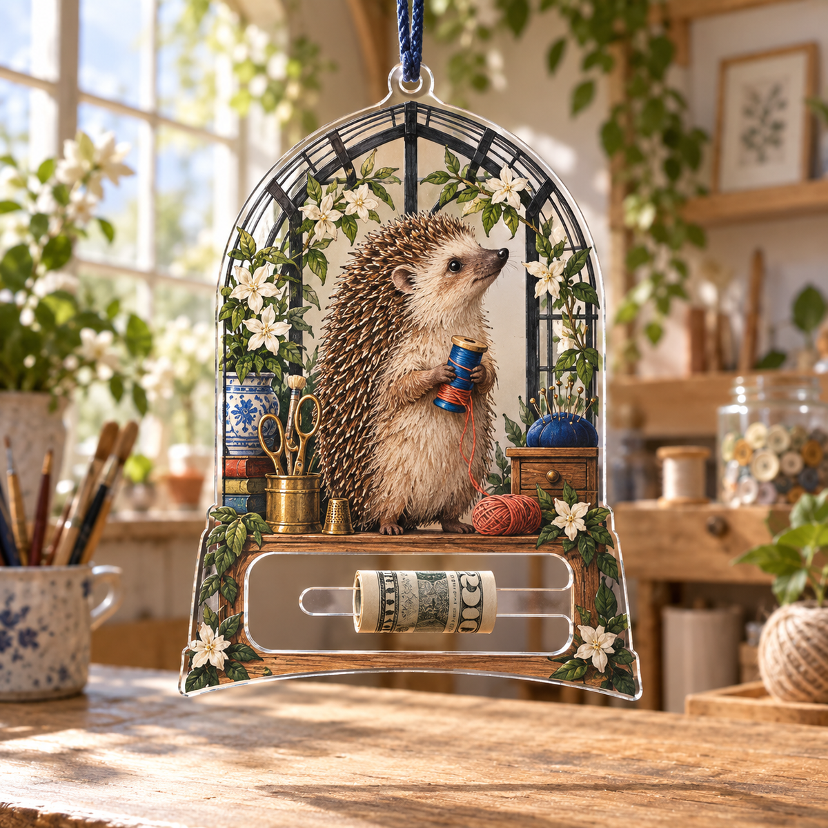 Hedgegrove Maker Conservatory Acrylic Cash Holder Ornament with printed optical 3D artwork in its use setting