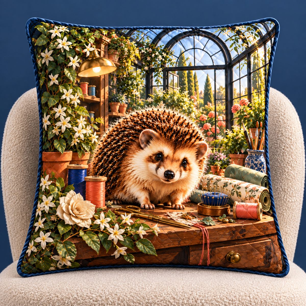 Hedgegrove Maker Conservatory Quilted Cushion Cover with printed optical 3D artwork in its use setting