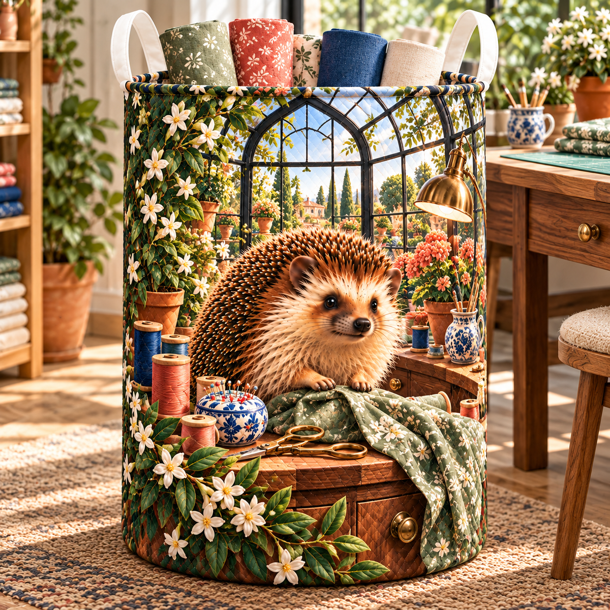 Hedgegrove Maker Conservatory Laundry Hamper with printed optical 3D artwork in its use setting