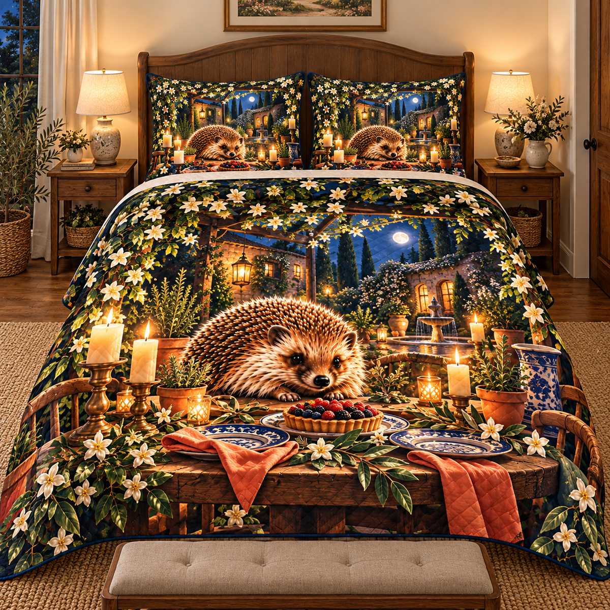 Hedgegrove Garden Welcome Quilted Bedding Set with printed optical 3D artwork in its use setting