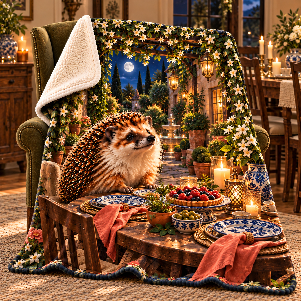 Hedgegrove Garden Welcome Sherpa & Fleece Blanket with printed optical 3D artwork in its use setting