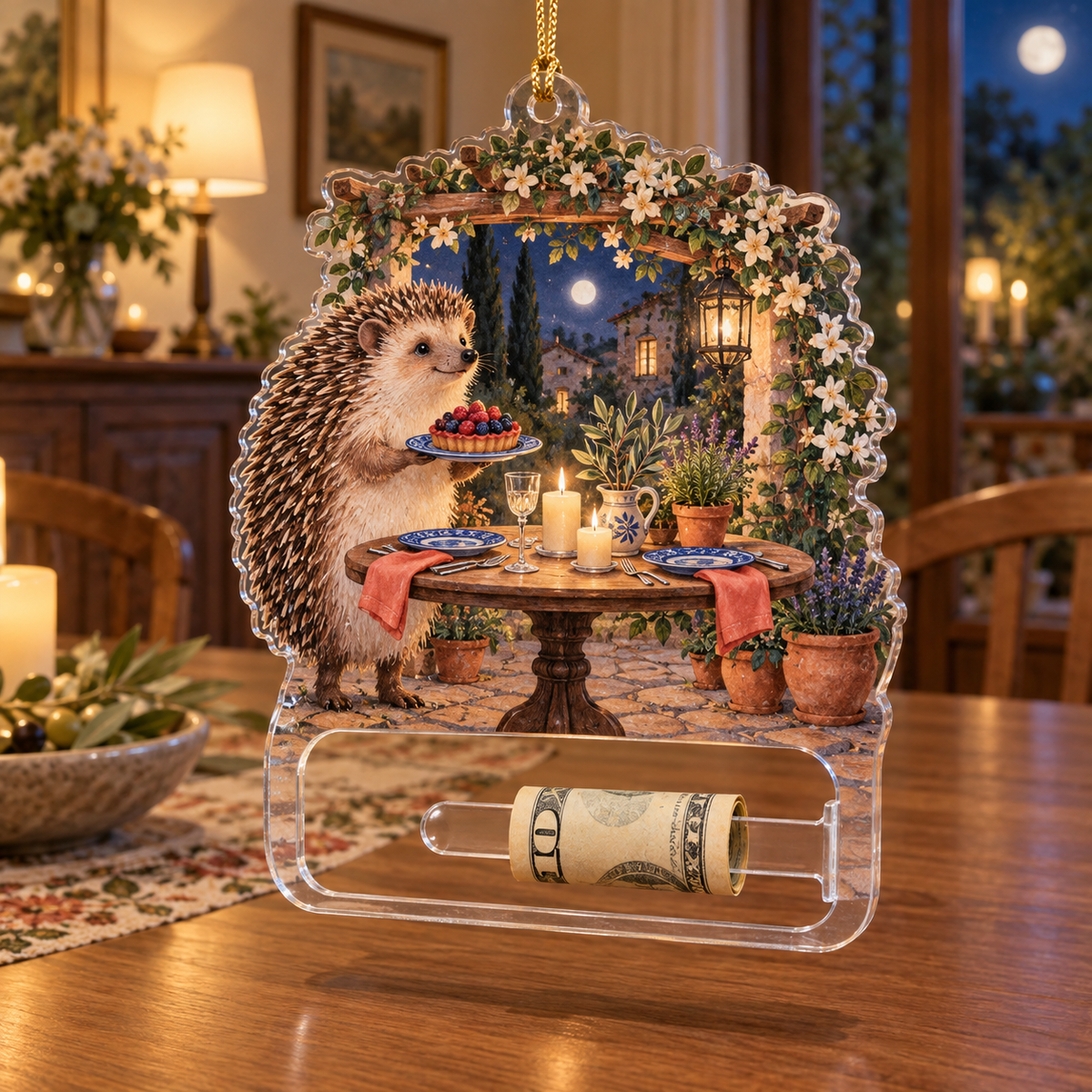 Hedgegrove Garden Welcome Acrylic Cash Holder Ornament with printed optical 3D artwork in its use setting