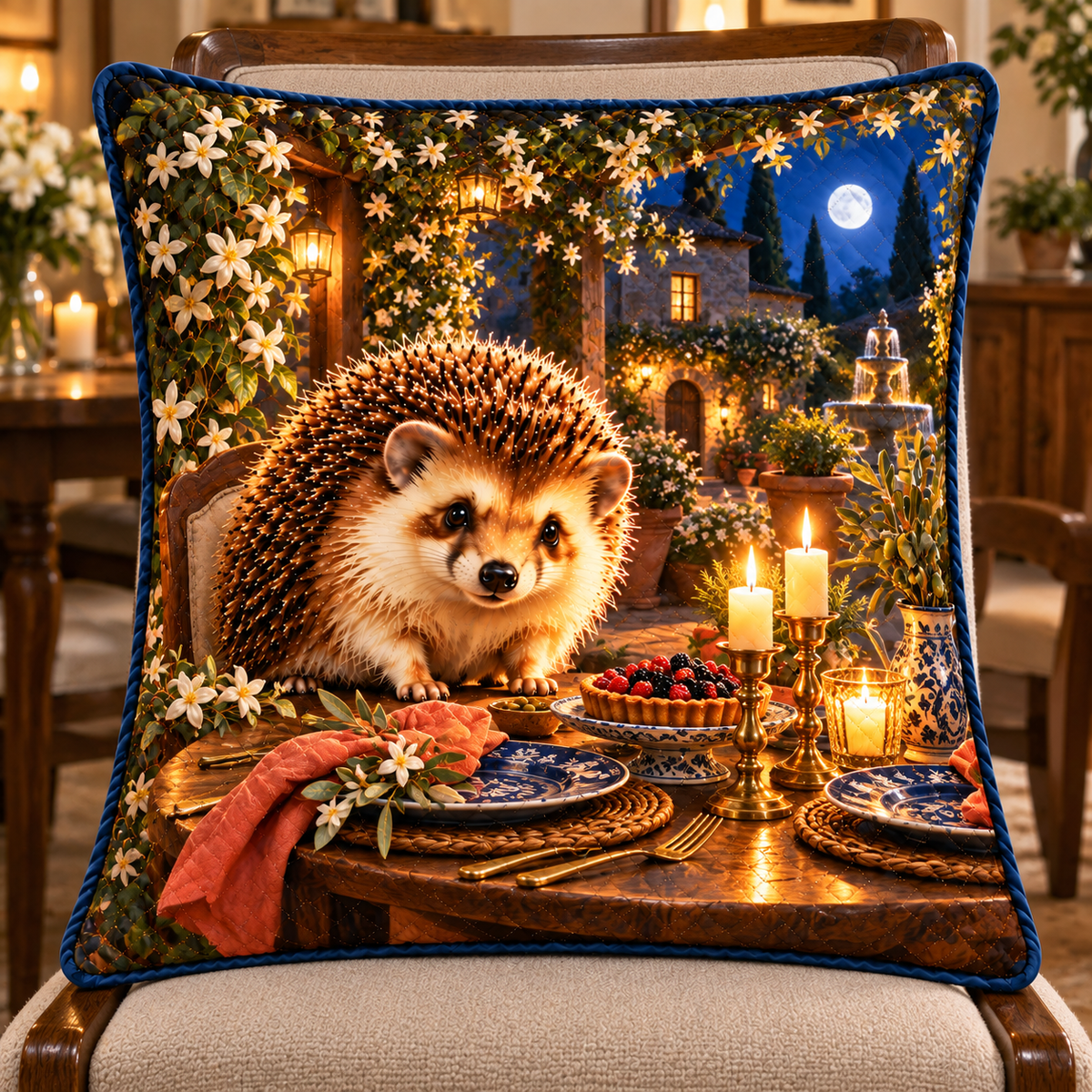 Hedgegrove Garden Welcome Quilted Cushion Cover with printed optical 3D artwork in its use setting