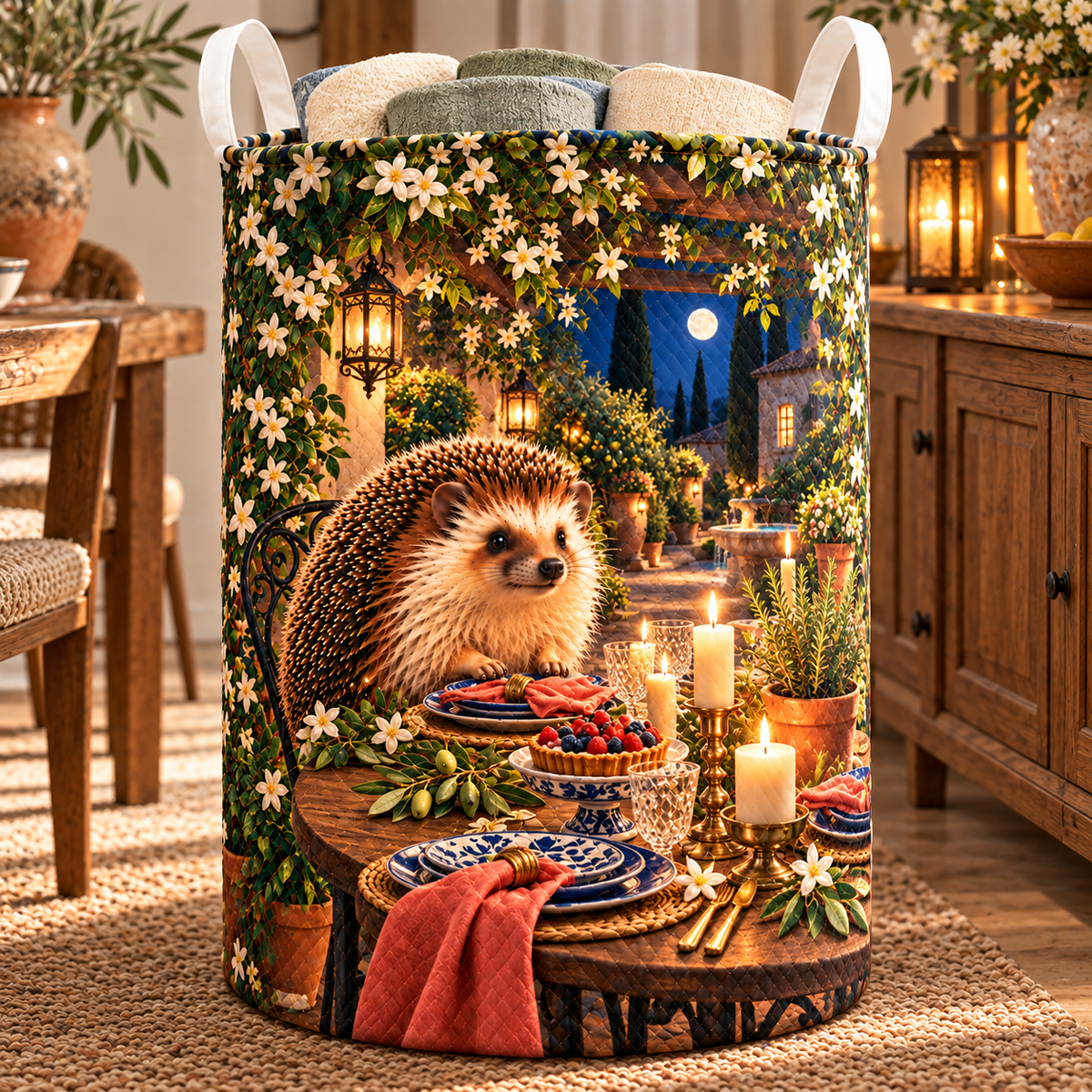 Hedgegrove Garden Welcome Laundry Hamper with printed optical 3D artwork in its use setting