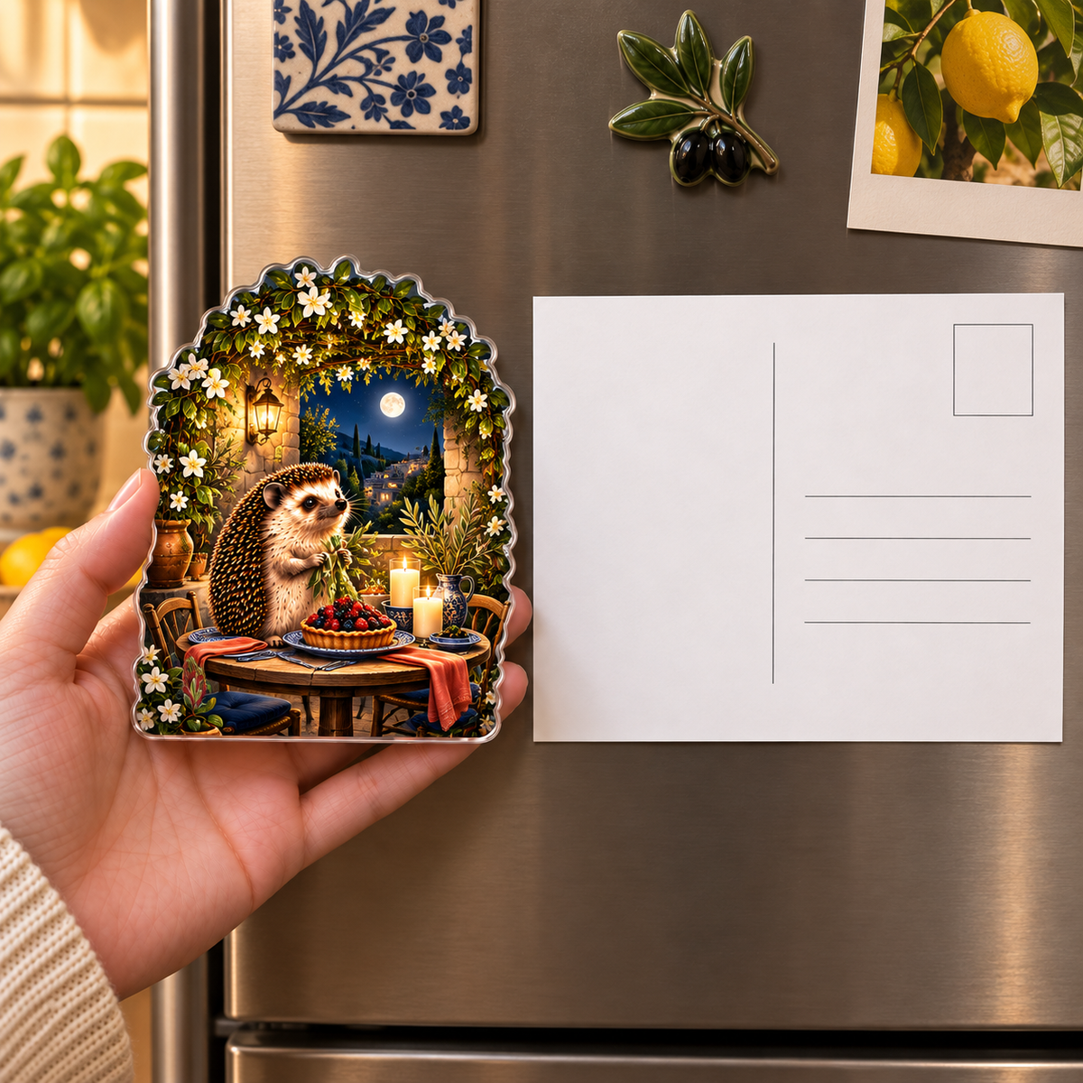 Hedgegrove Garden Welcome Acrylic Refrigerator Magnet with printed optical 3D artwork in its use setting
