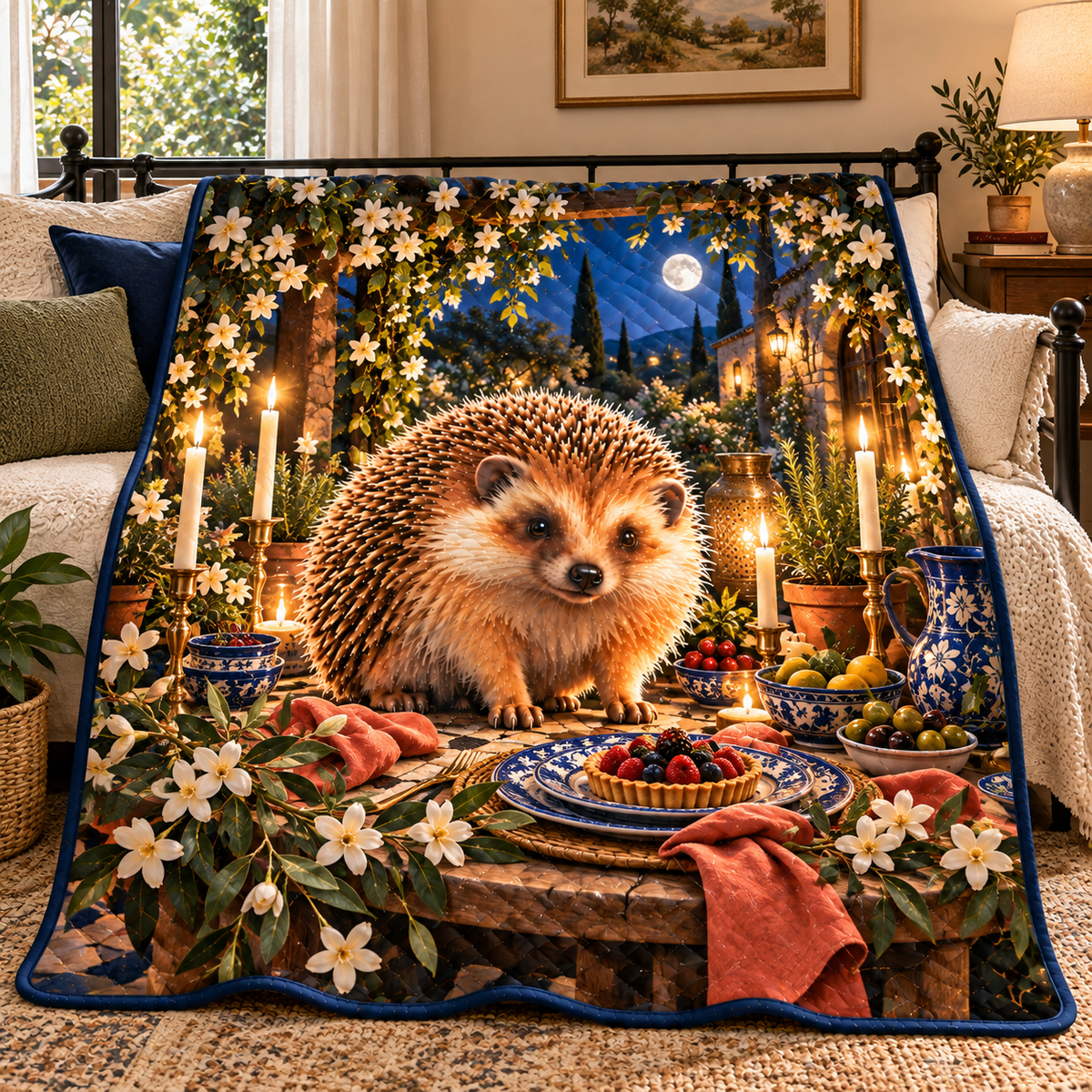 Hedgegrove Garden Welcome Quilt Blanket with printed optical 3D artwork in its use setting