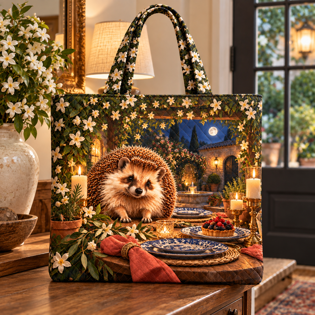 Hedgegrove Garden Welcome Quilted Tote Bag with printed optical 3D artwork in its use setting