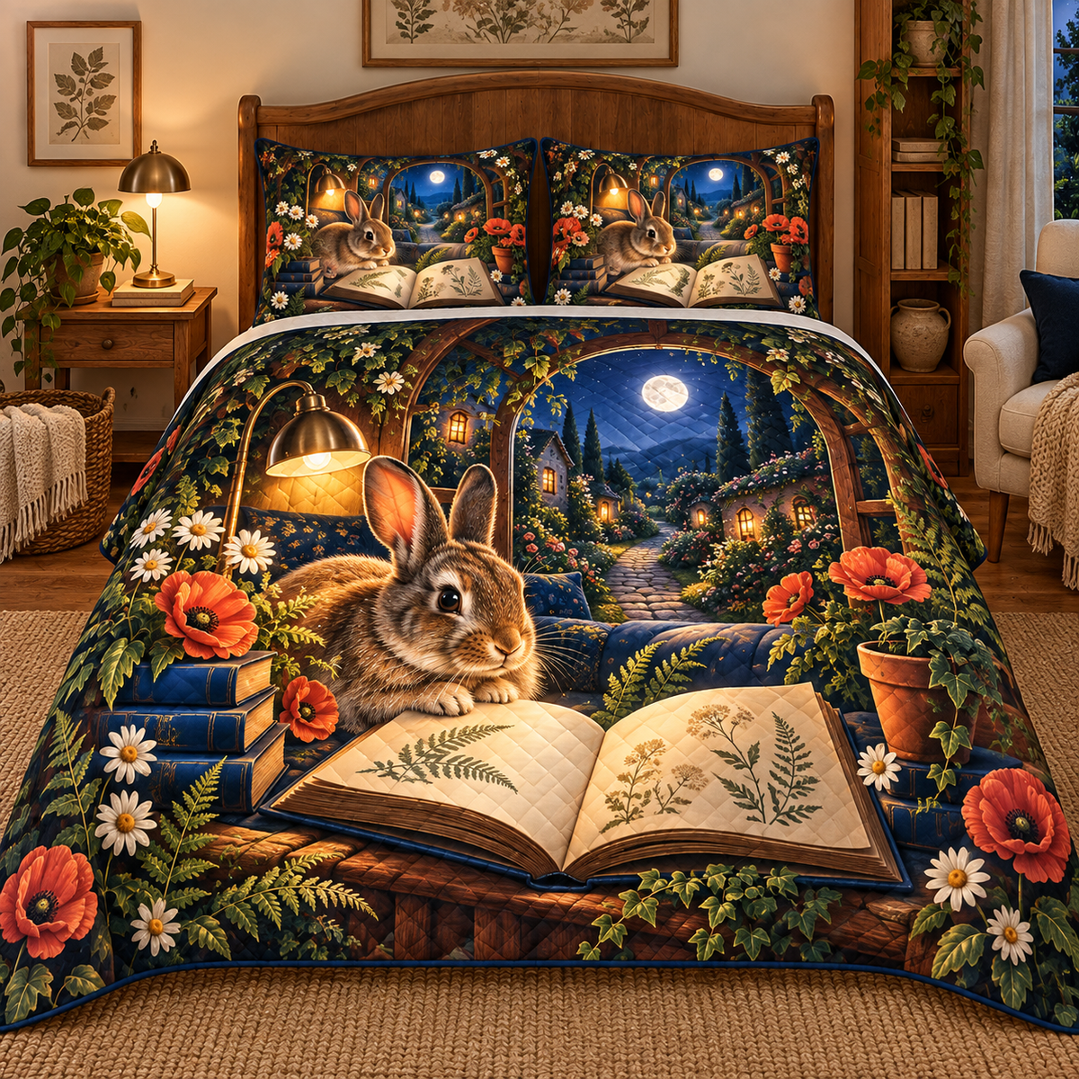 Moonvale Rabbit Reading Alcove Quilted Bedding Set with printed optical 3D artwork in its use setting