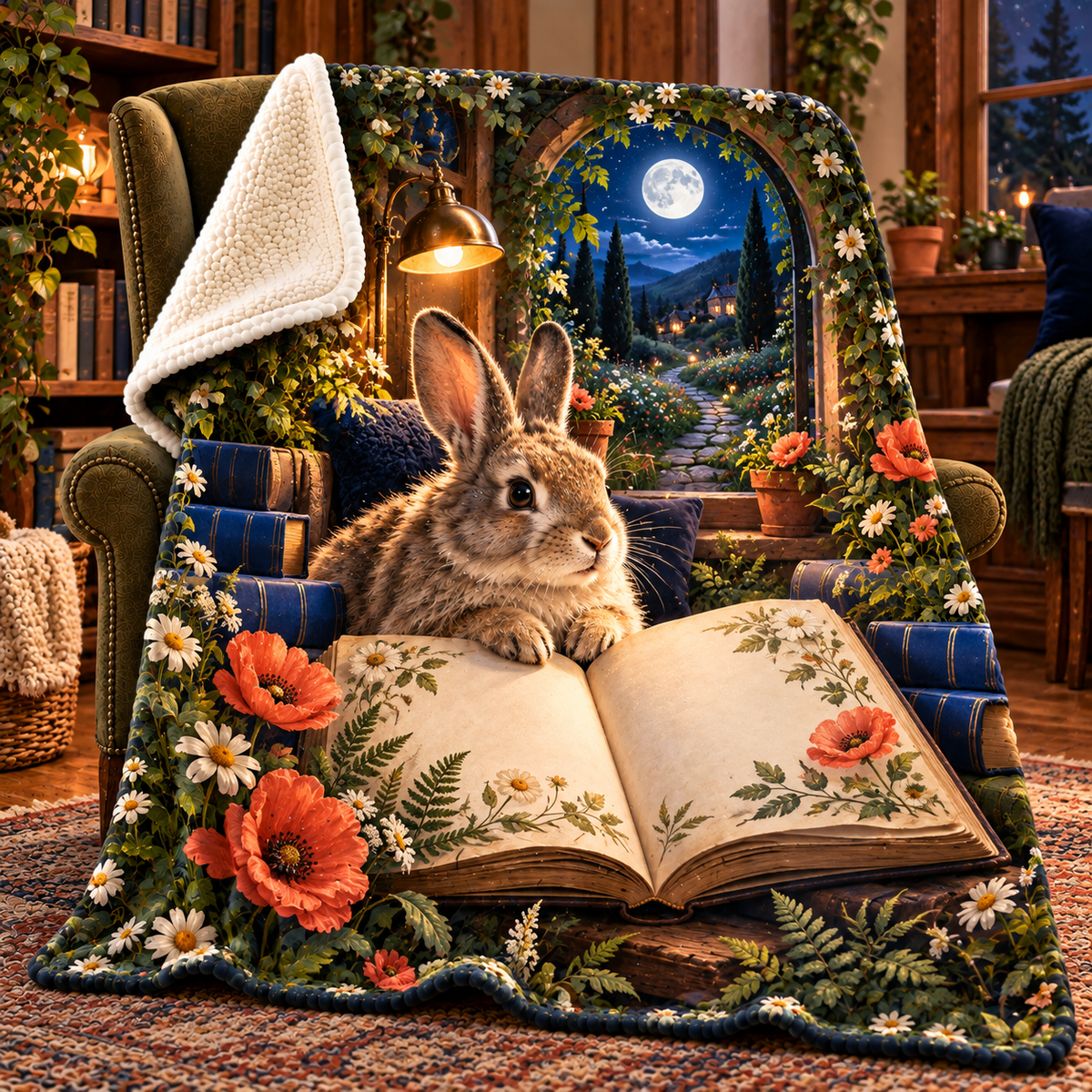 Moonvale Rabbit Reading Alcove Sherpa & Fleece Blanket with printed optical 3D artwork in its use setting