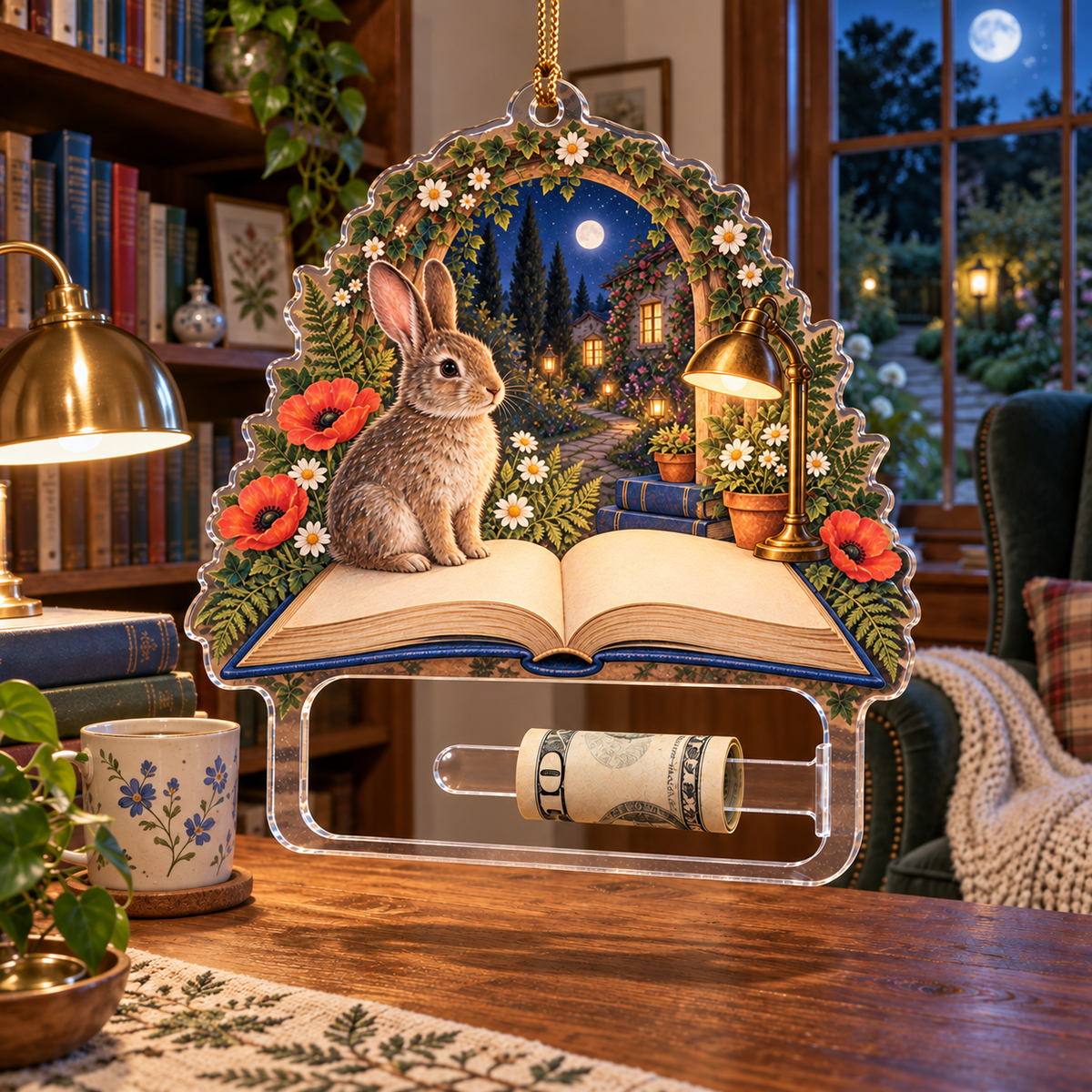 Moonvale Rabbit Reading Alcove Acrylic Cash Holder Ornament with printed optical 3D artwork in its use setting