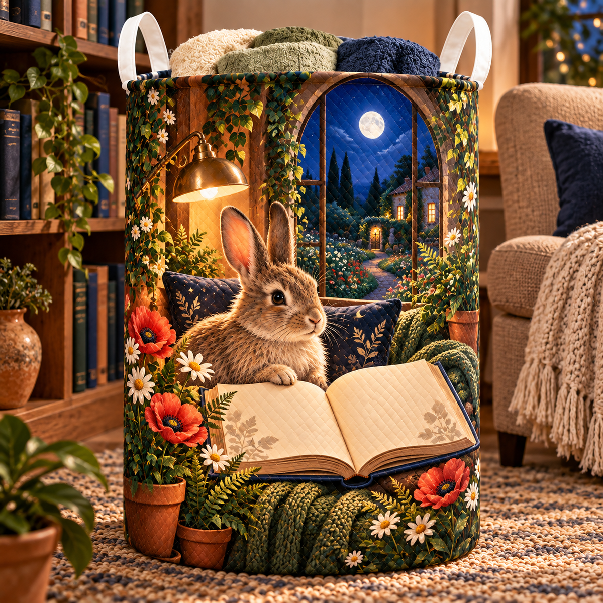 Moonvale Rabbit Reading Alcove Laundry Hamper with printed optical 3D artwork in its use setting