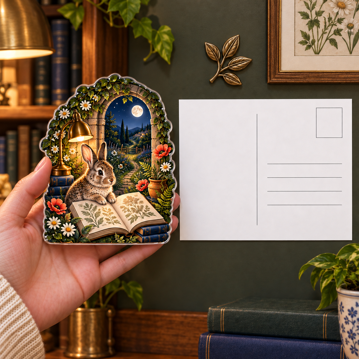 Moonvale Rabbit Reading Alcove Acrylic Refrigerator Magnet with printed optical 3D artwork in its use setting