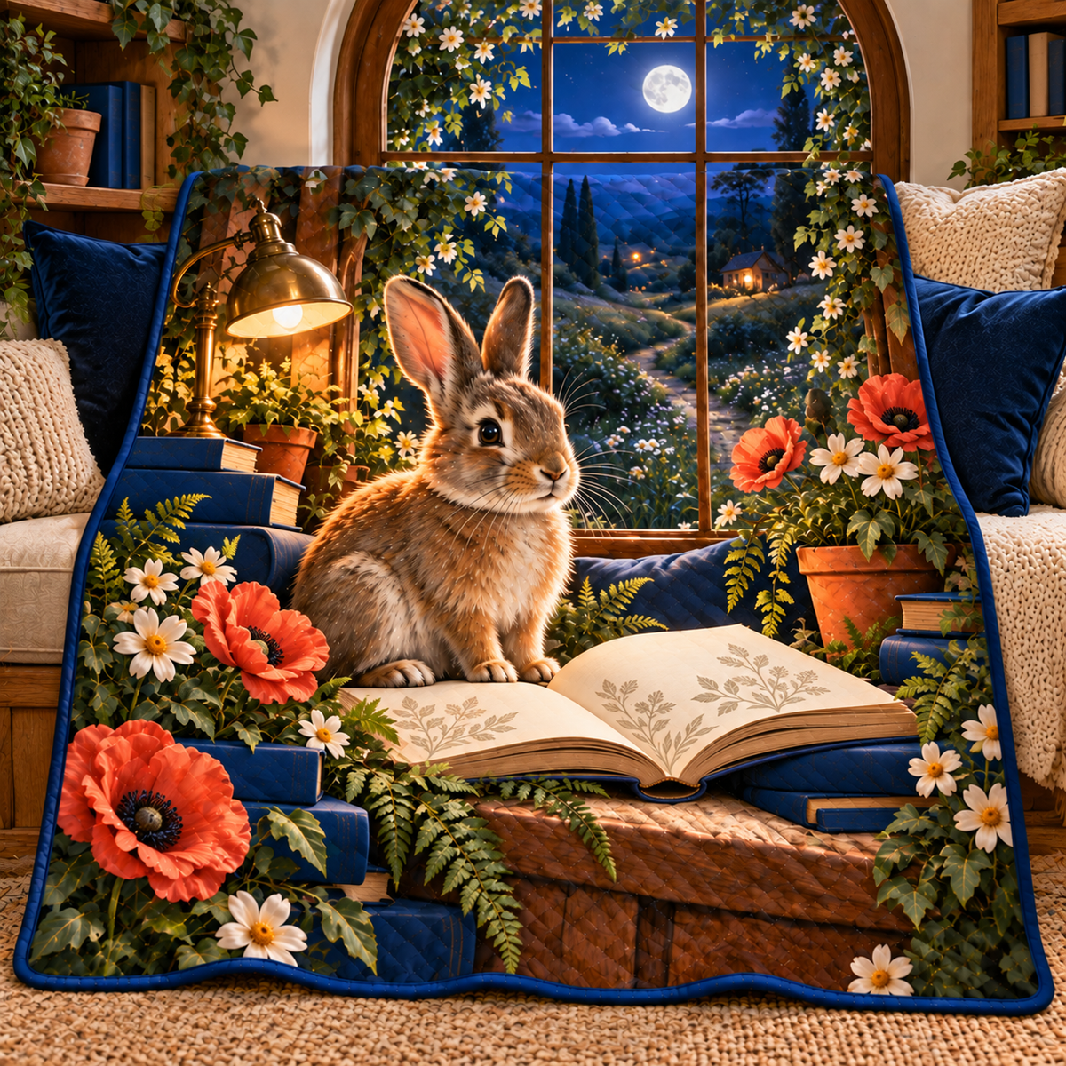 Moonvale Rabbit Reading Alcove Quilt Blanket with printed optical 3D artwork in its use setting