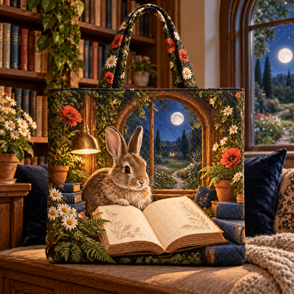 Moonvale Rabbit Reading Alcove Quilted Tote Bag with printed optical 3D artwork in its use setting