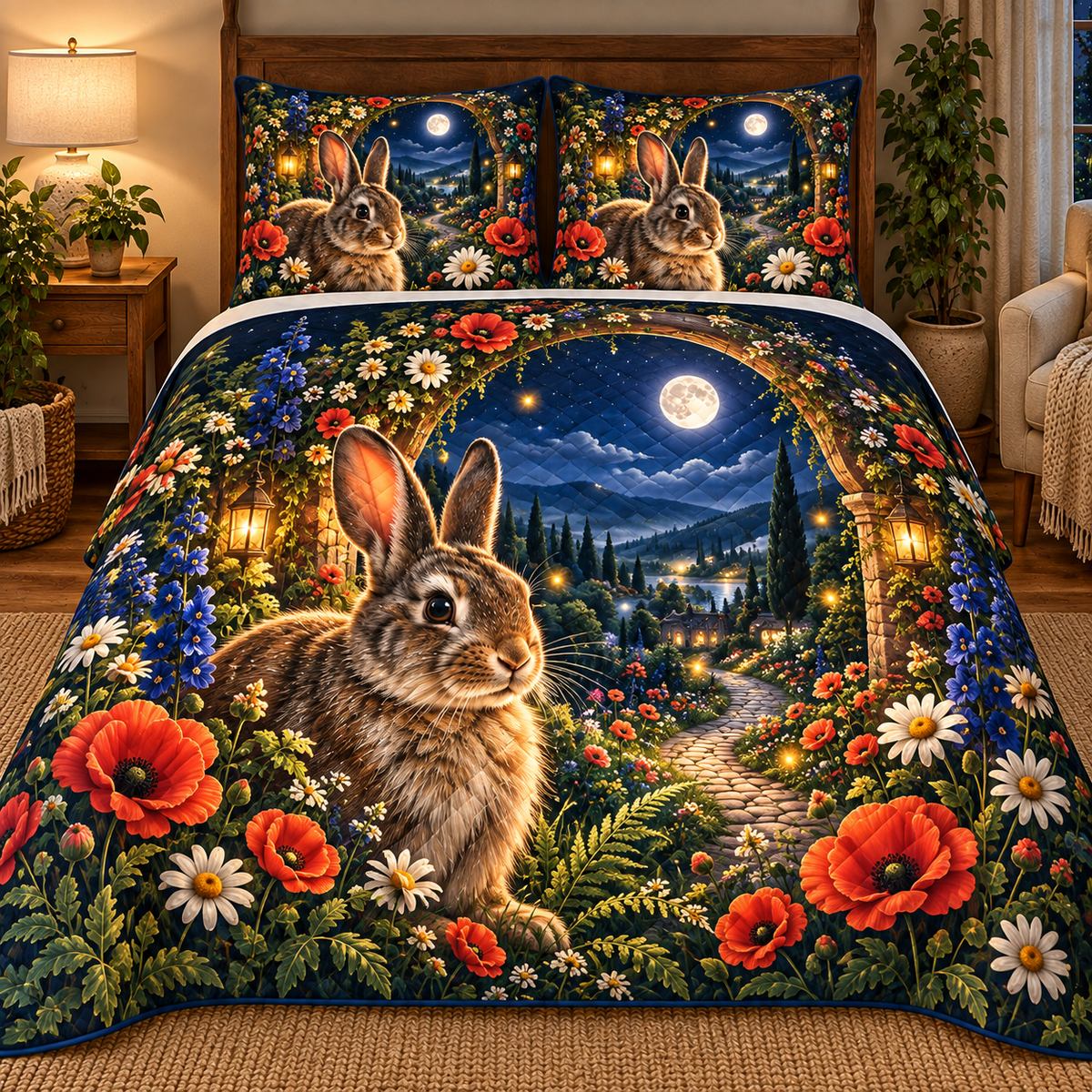 Starbloom Rabbit Meadow Portal Quilted Bedding Set with printed optical 3D artwork in its use setting