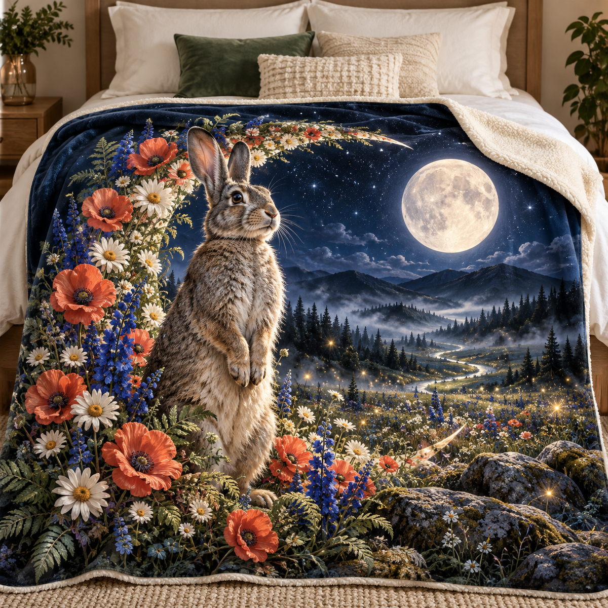 Starbloom Rabbit Meadow Portal Sherpa & Fleece Blanket with printed optical 3D artwork in its use setting