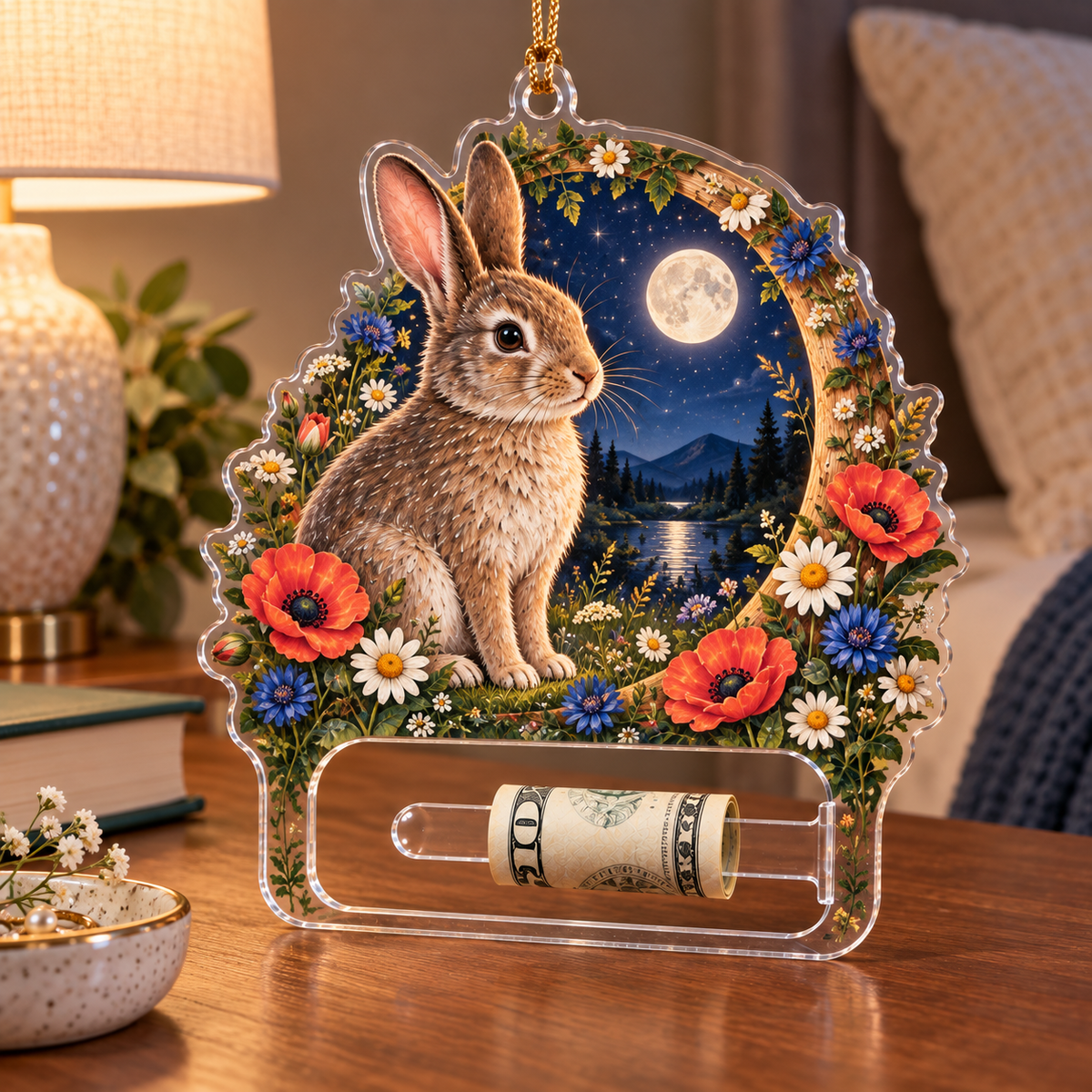 Starbloom Rabbit Meadow Portal Acrylic Cash Holder Ornament with printed optical 3D artwork in its use setting