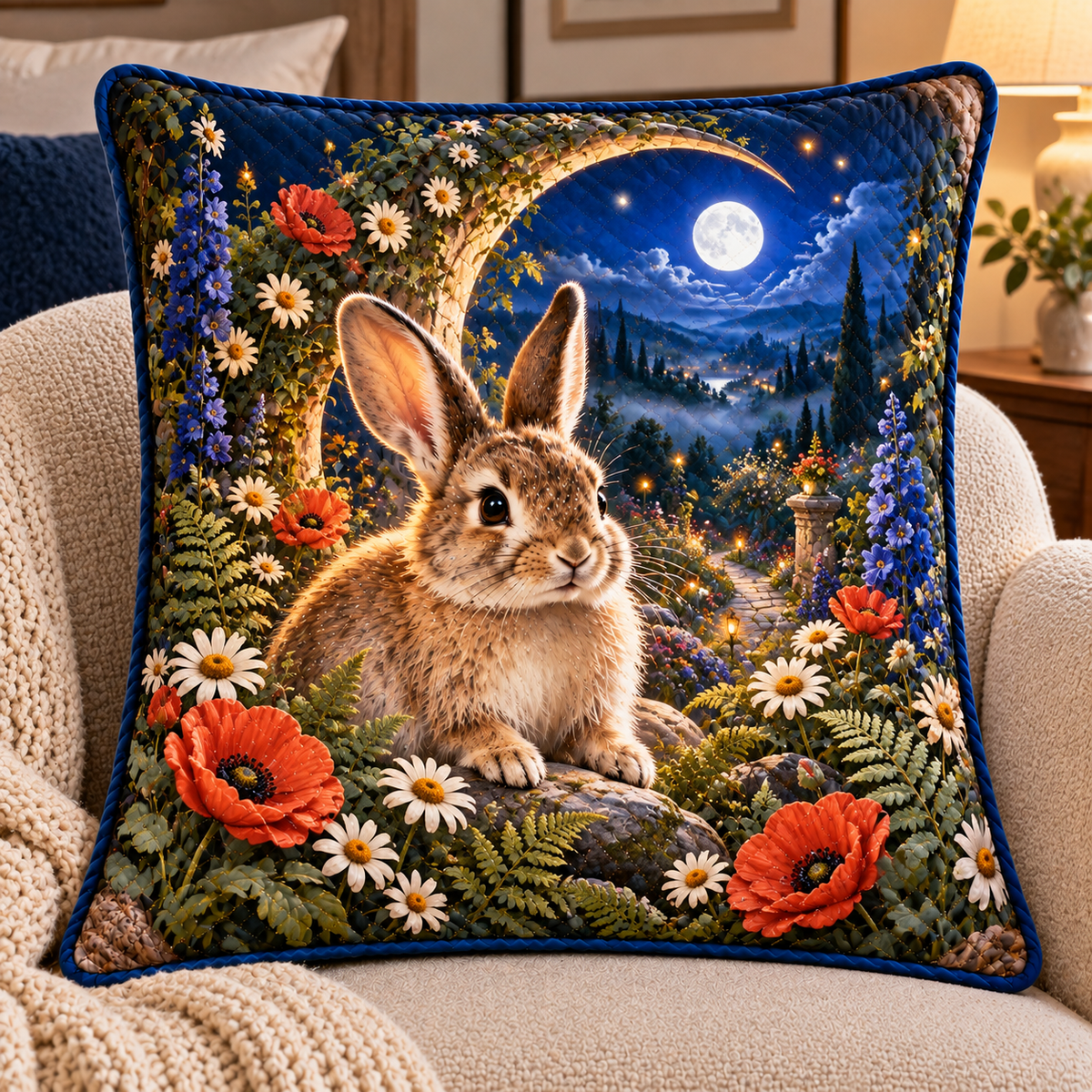 Starbloom Rabbit Meadow Portal Quilted Cushion Cover with printed optical 3D artwork in its use setting