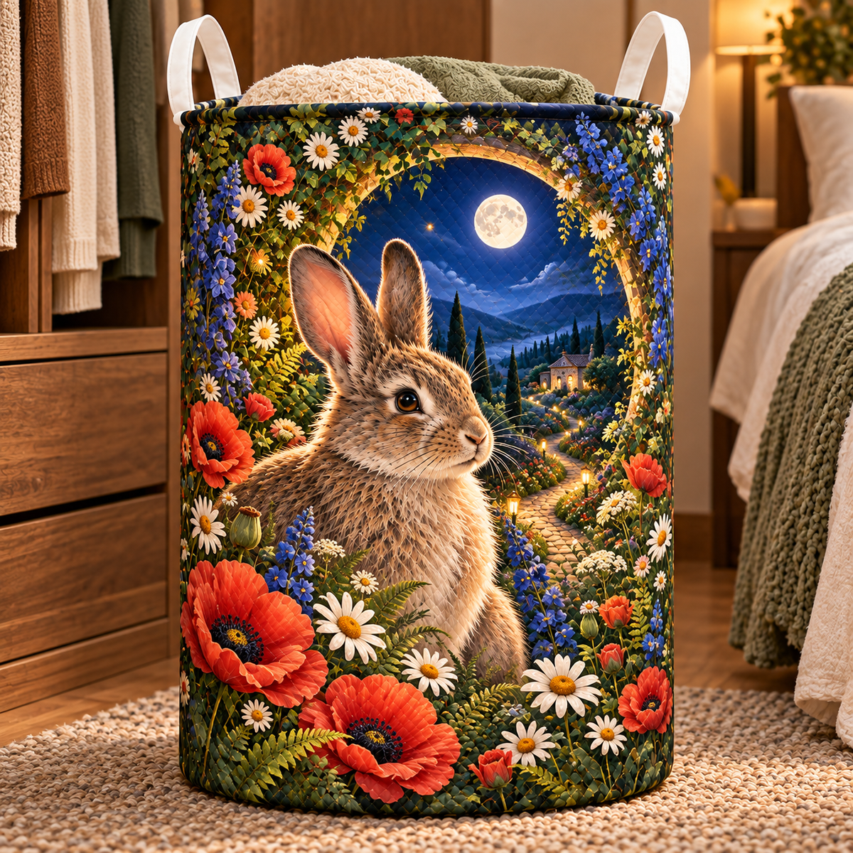 Starbloom Rabbit Meadow Portal Laundry Hamper with printed optical 3D artwork in its use setting