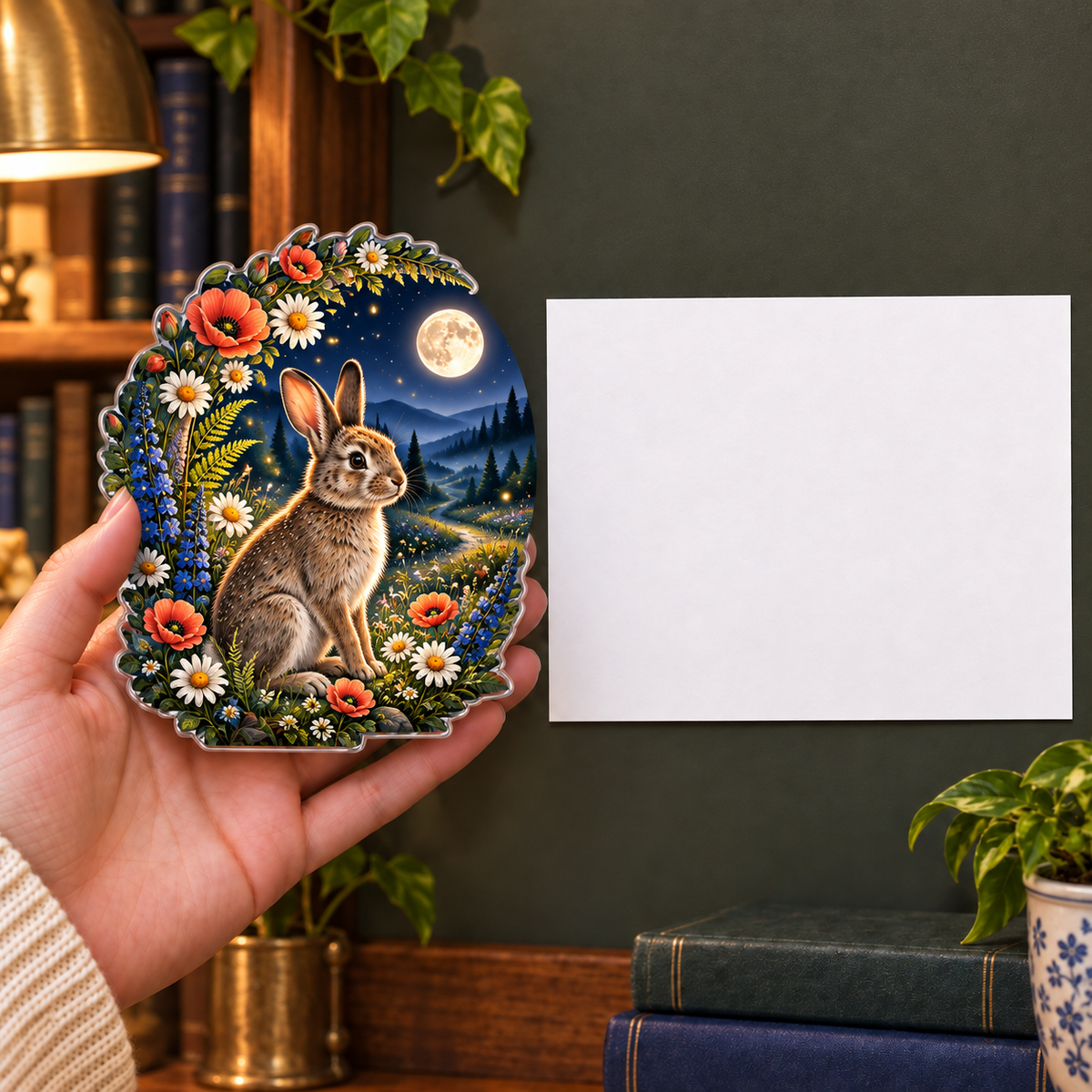 Starbloom Rabbit Meadow Portal Acrylic Refrigerator Magnet with printed optical 3D artwork in its use setting