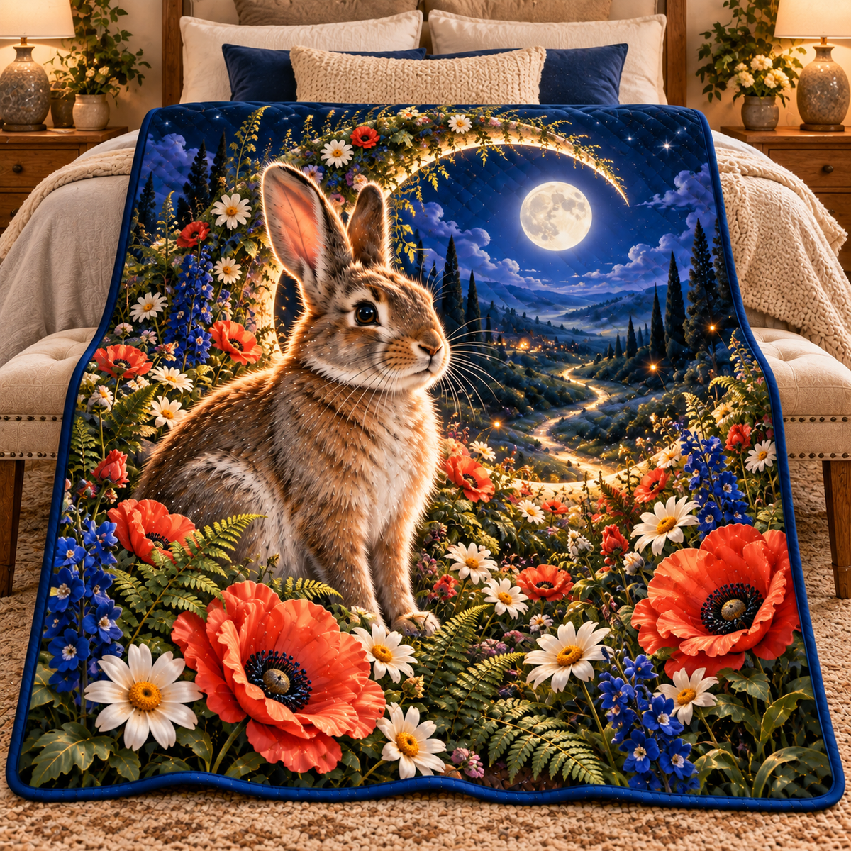 Starbloom Rabbit Meadow Portal Quilt Blanket with printed optical 3D artwork in its use setting