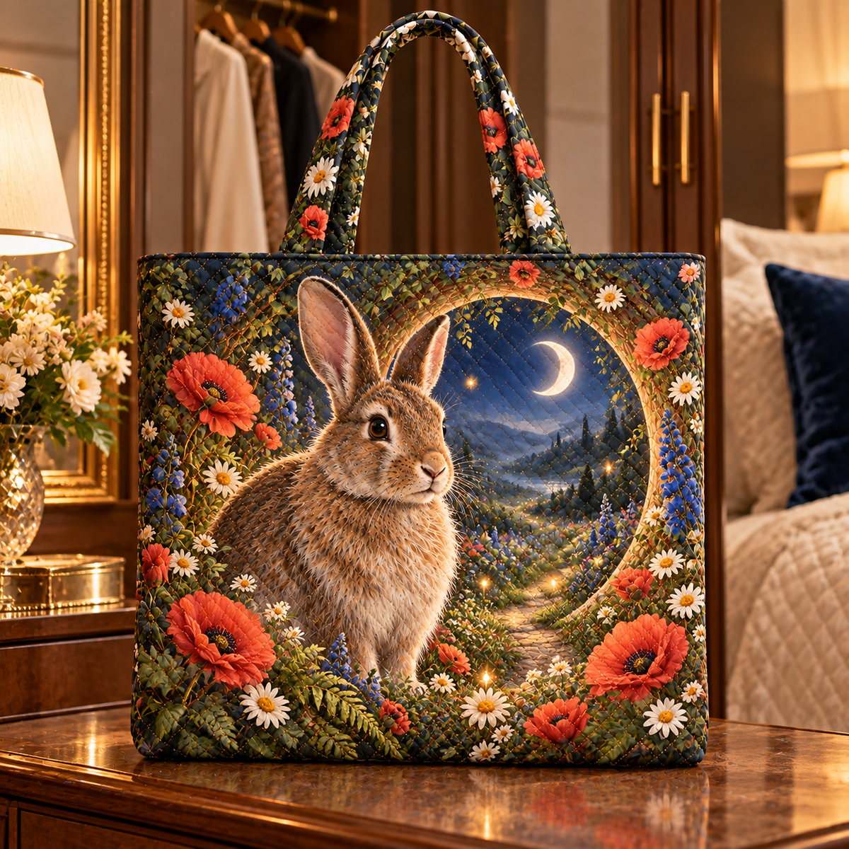Starbloom Rabbit Meadow Portal Quilted Tote Bag with printed optical 3D artwork in its use setting