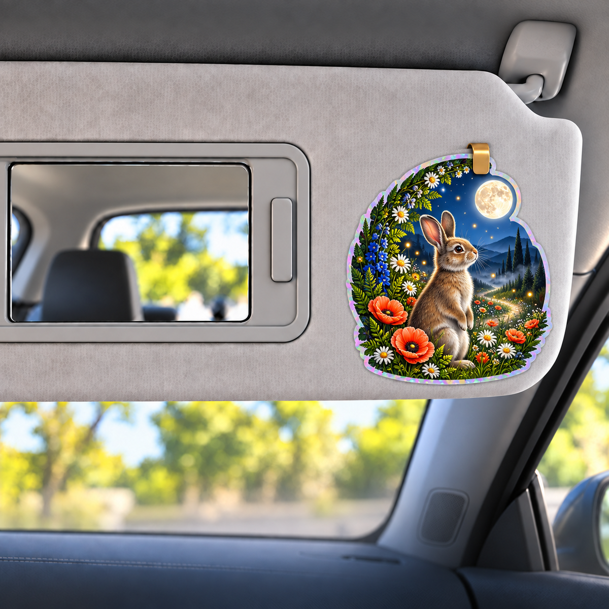 Starbloom Rabbit Meadow Portal Holographic Car Visor Clip with printed optical 3D artwork in its use setting