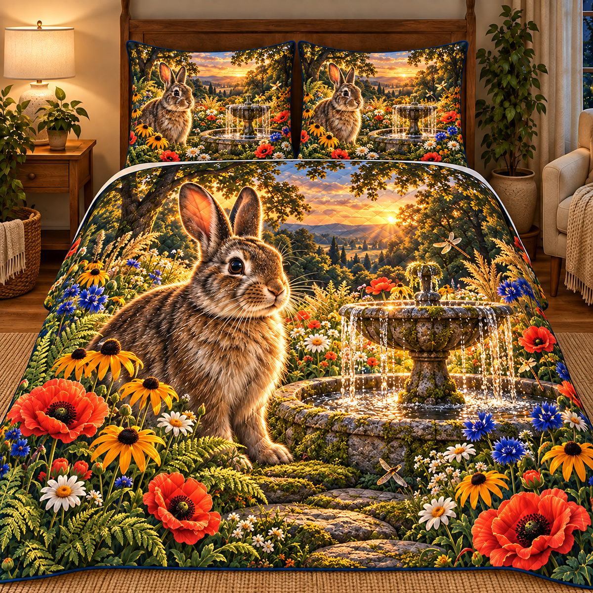 Amberglade Rabbit Fountain Quilted Bedding Set with printed optical 3D artwork in its use setting