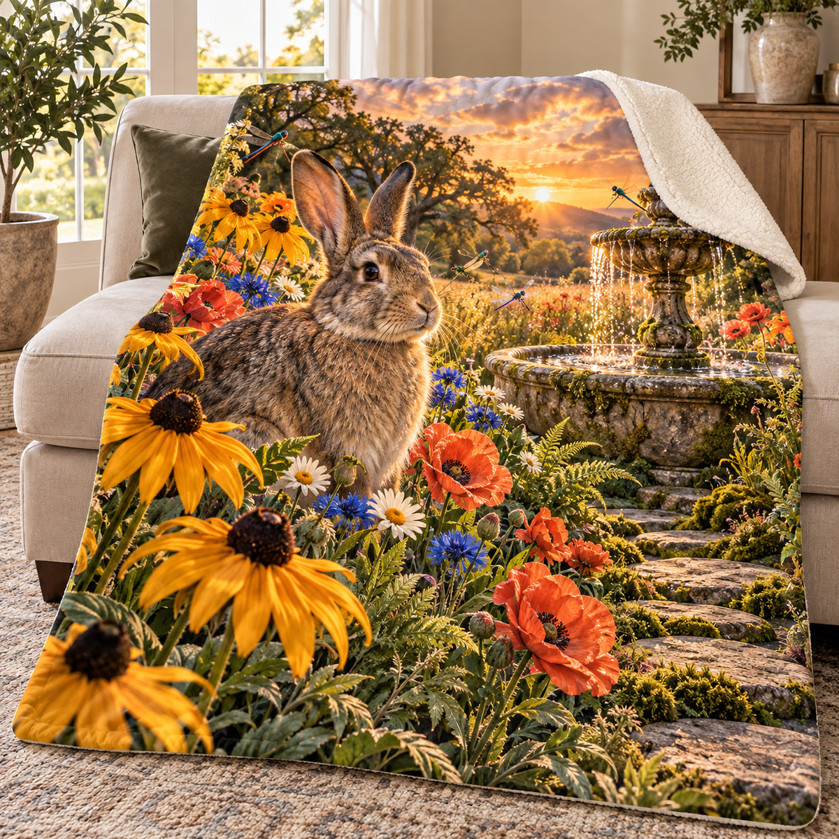 Amberglade Rabbit Fountain Sherpa & Fleece Blanket with printed optical 3D artwork in its use setting