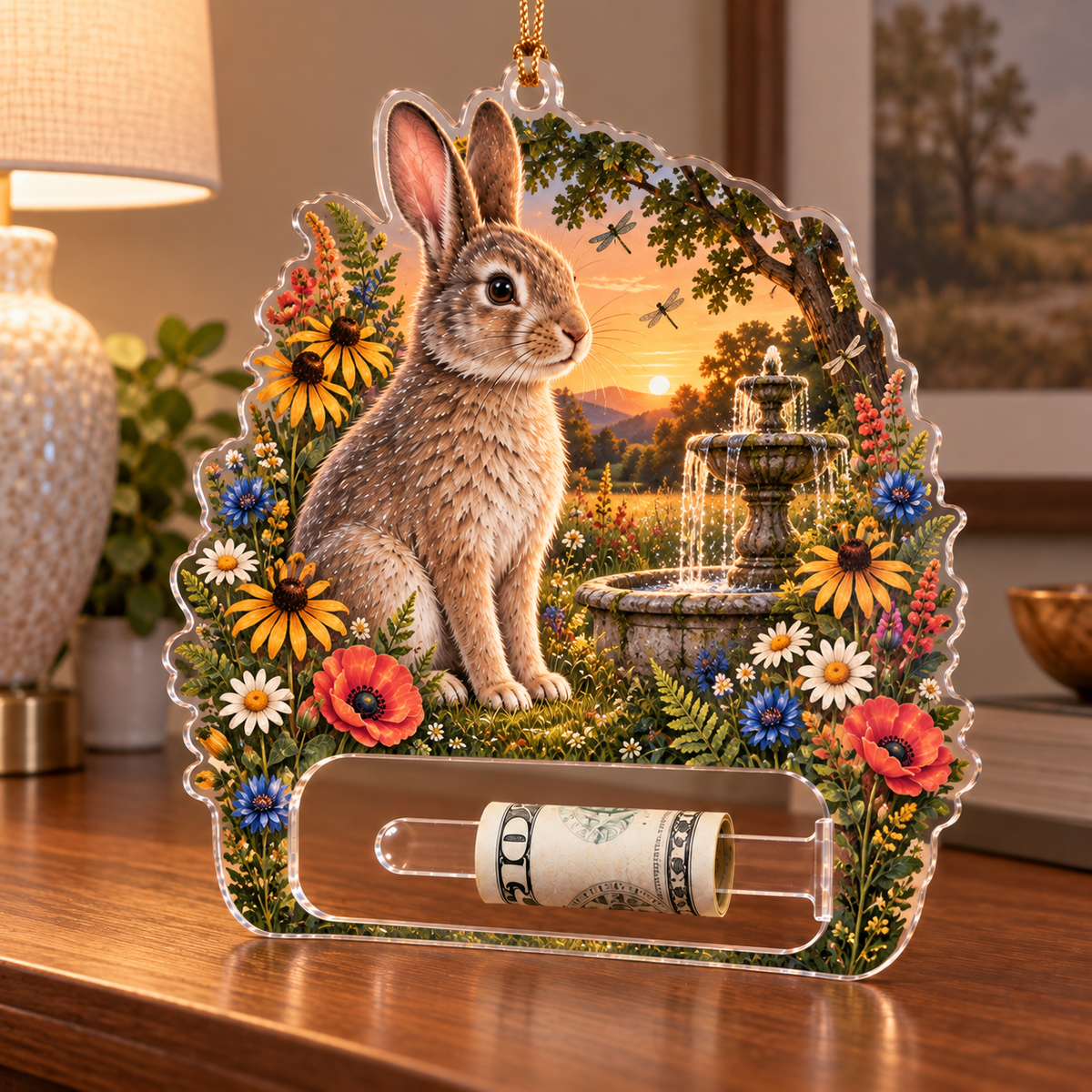 Amberglade Rabbit Fountain Acrylic Cash Holder Ornament with printed optical 3D artwork in its use setting