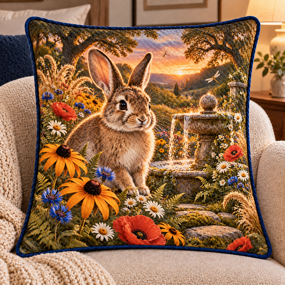 Amberglade Rabbit Fountain Quilted Cushion Cover with printed optical 3D artwork in its use setting