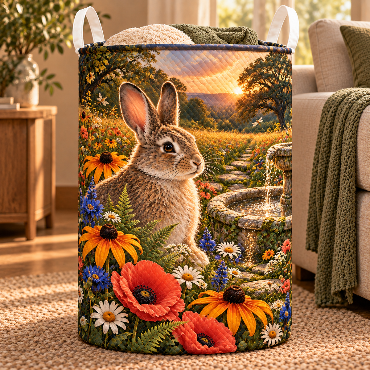 Amberglade Rabbit Fountain Laundry Hamper with printed optical 3D artwork in its use setting