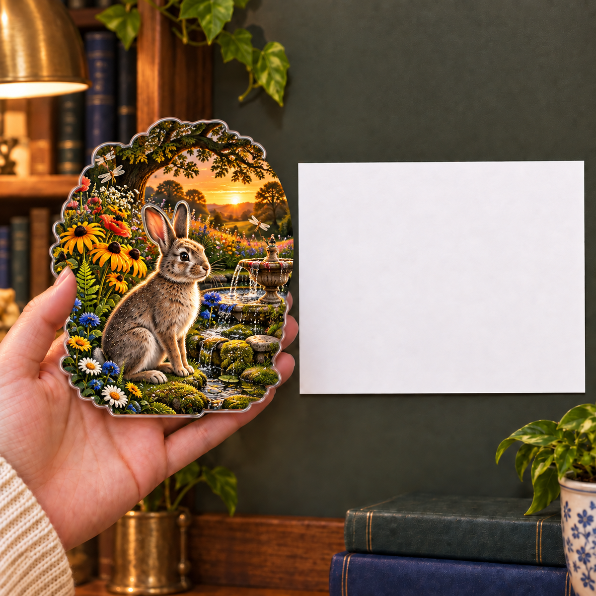 Amberglade Rabbit Fountain Acrylic Refrigerator Magnet with printed optical 3D artwork in its use setting