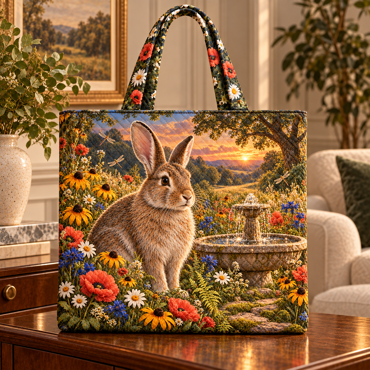 Amberglade Rabbit Fountain Quilted Tote Bag with printed optical 3D artwork in its use setting