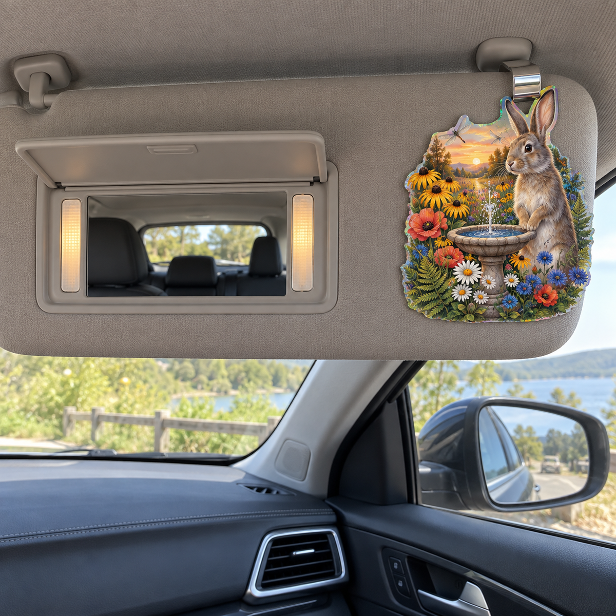 Amberglade Rabbit Fountain Holographic Car Visor Clip with printed optical 3D artwork in its use setting