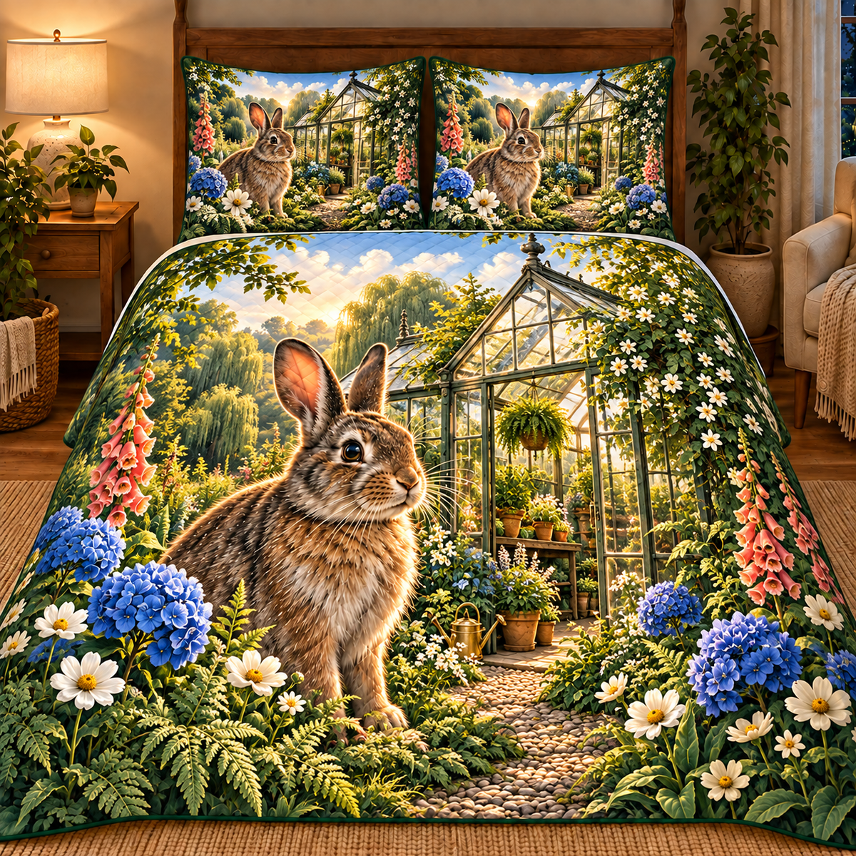 Sagewood Rabbit Greenhouse Quilted Bedding Set with printed optical 3D artwork in its use setting