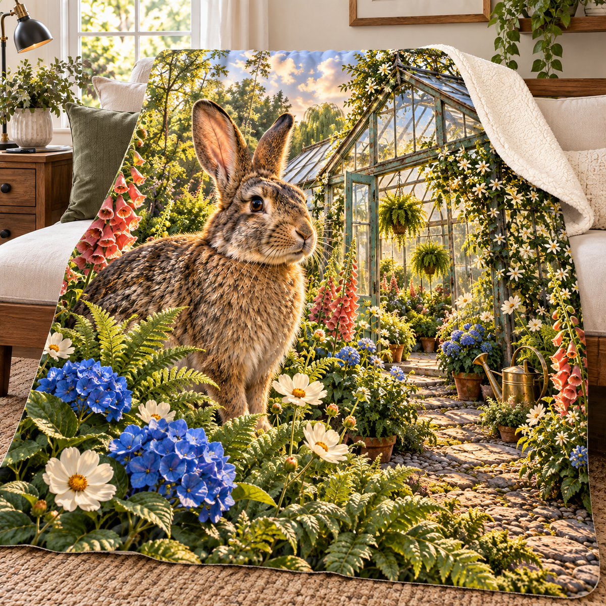 Sagewood Rabbit Greenhouse Sherpa & Fleece Blanket with printed optical 3D artwork in its use setting