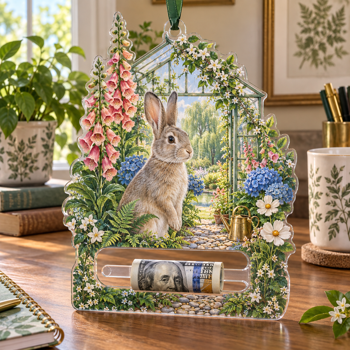 Sagewood Rabbit Greenhouse Acrylic Cash Holder Ornament with printed optical 3D artwork in its use setting