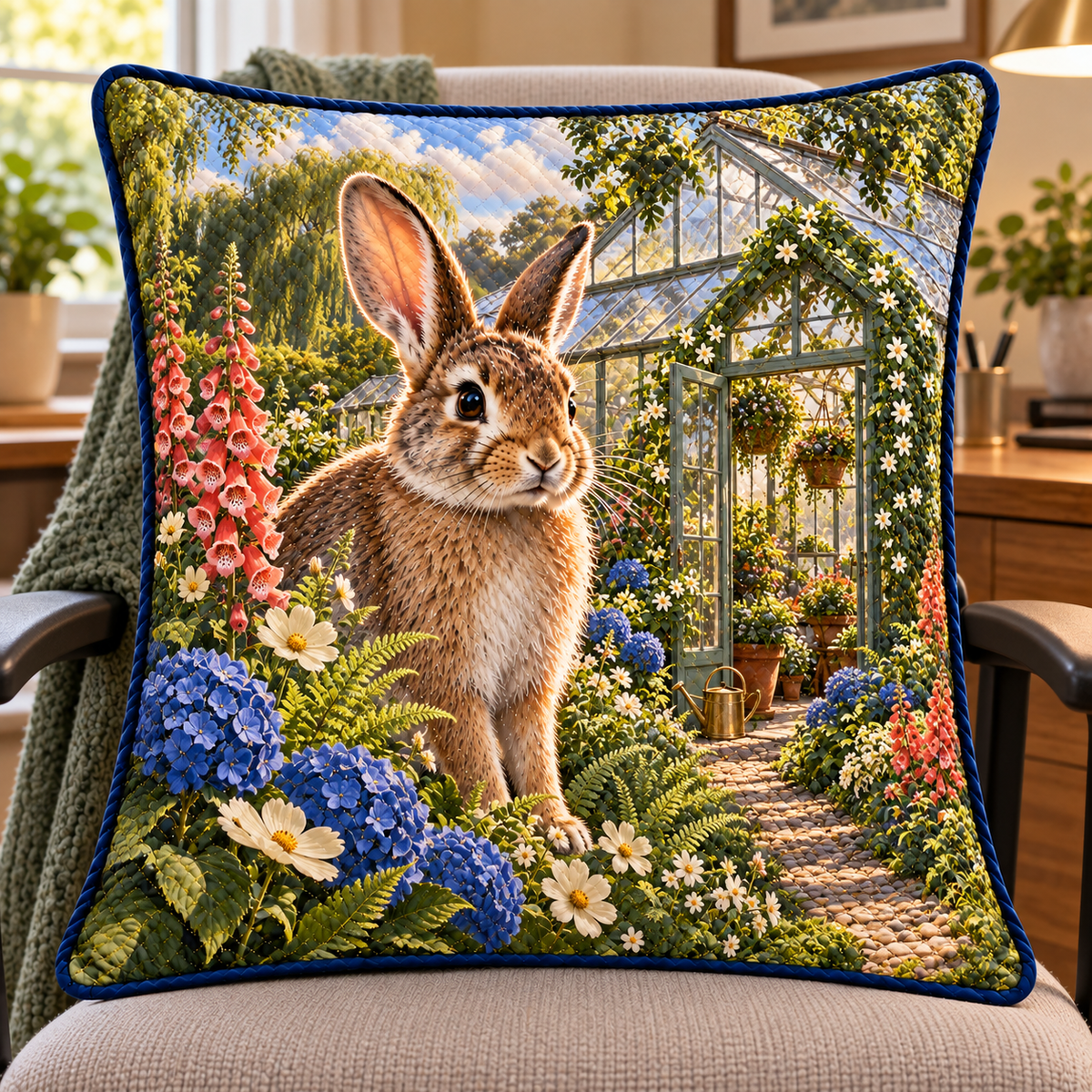 Sagewood Rabbit Greenhouse Quilted Cushion Cover with printed optical 3D artwork in its use setting