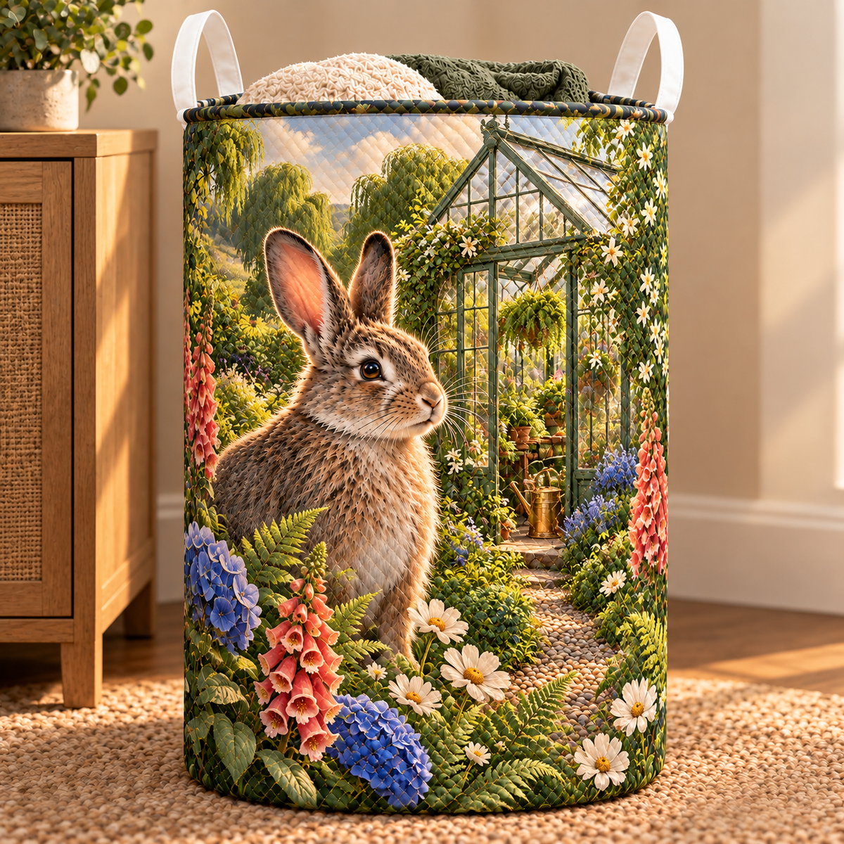 Sagewood Rabbit Greenhouse Laundry Hamper with printed optical 3D artwork in its use setting
