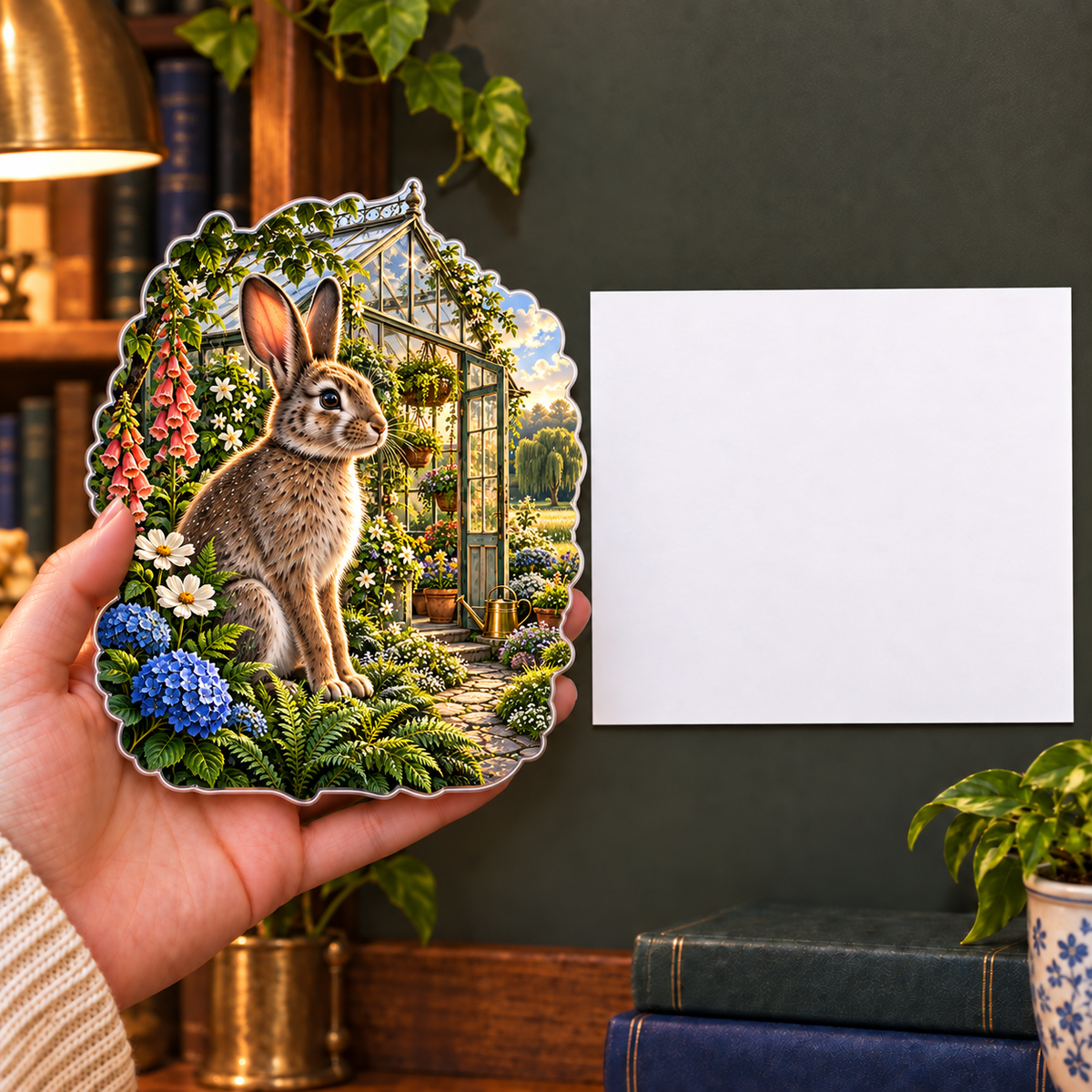 Sagewood Rabbit Greenhouse Acrylic Refrigerator Magnet with printed optical 3D artwork in its use setting