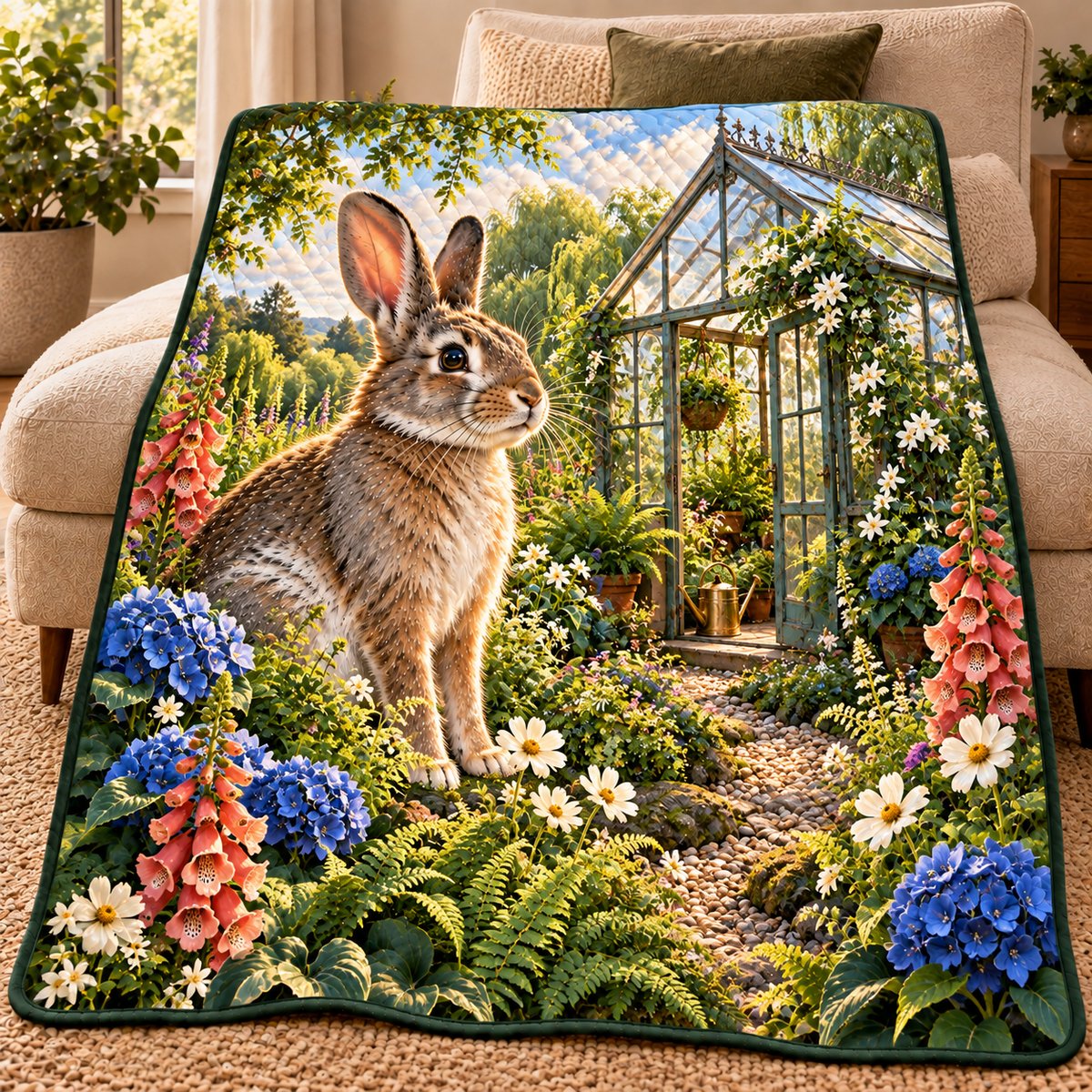 Sagewood Rabbit Greenhouse Quilt Blanket with printed optical 3D artwork in its use setting