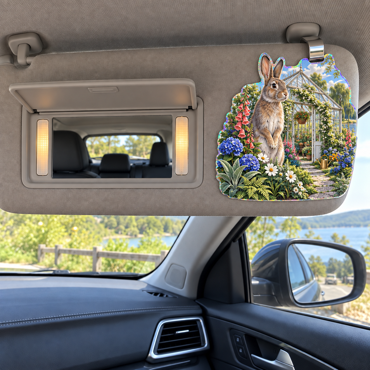 Sagewood Rabbit Greenhouse Holographic Car Visor Clip with printed optical 3D artwork in its use setting