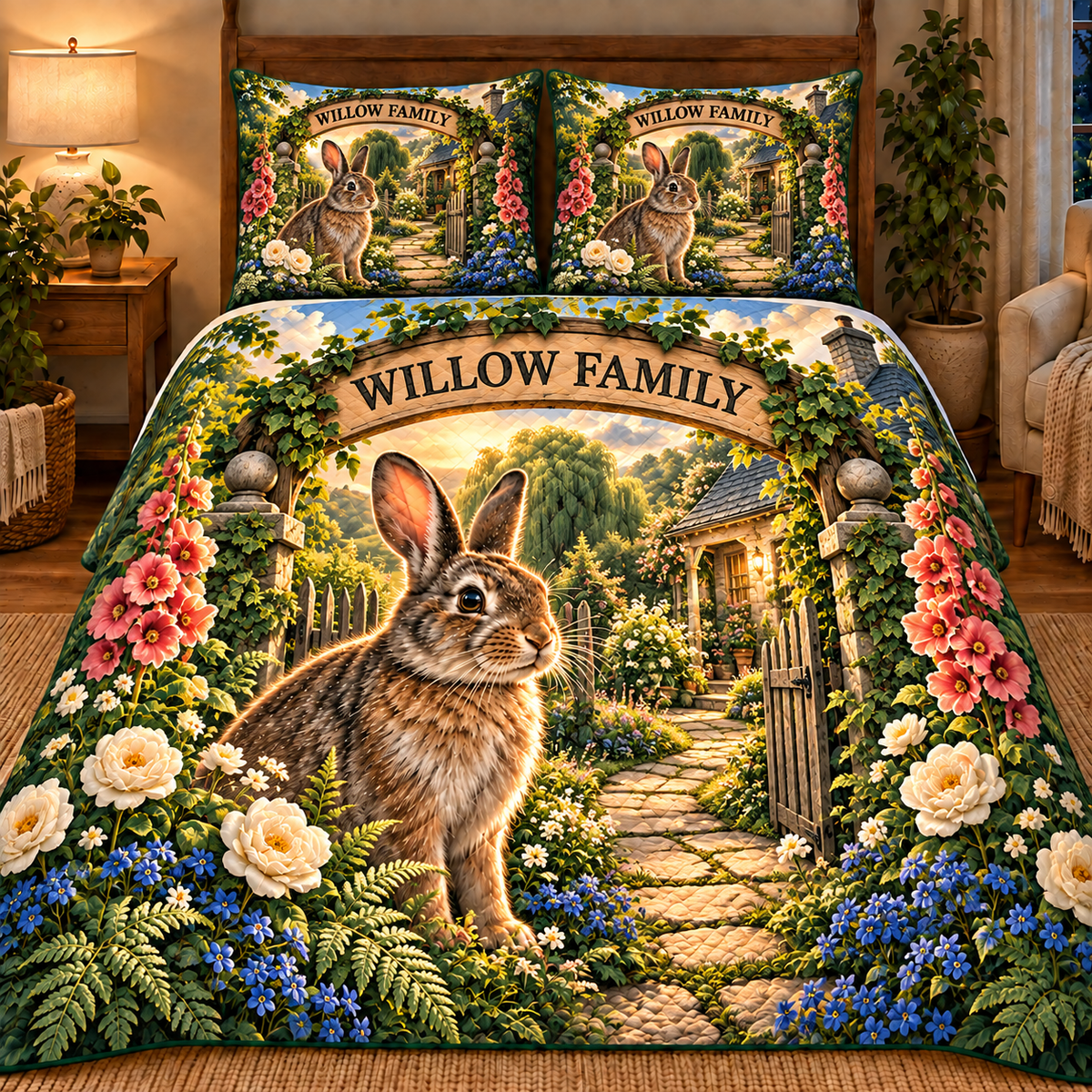 Willowgate Rabbit Welcome Quilted Bedding Set with printed optical 3D artwork in its use setting